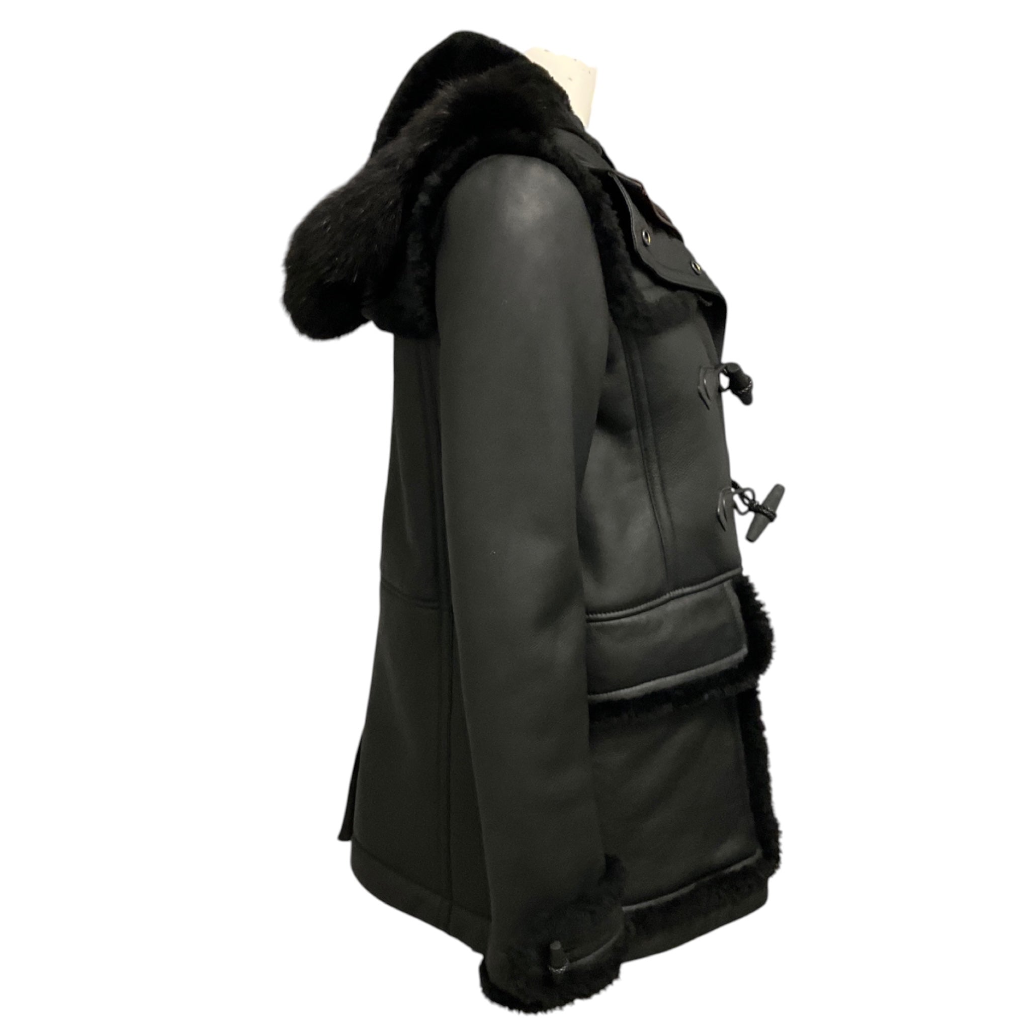Burberry Brit Black Shearling Lined Leather Jacket with Fur Trimmed Hood