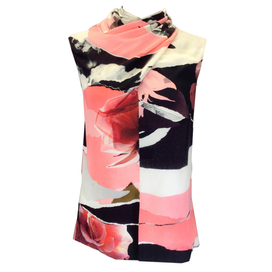 Alexander McQueen Black / Pink Multi Floral Printed Sleeveless Silk Blouse