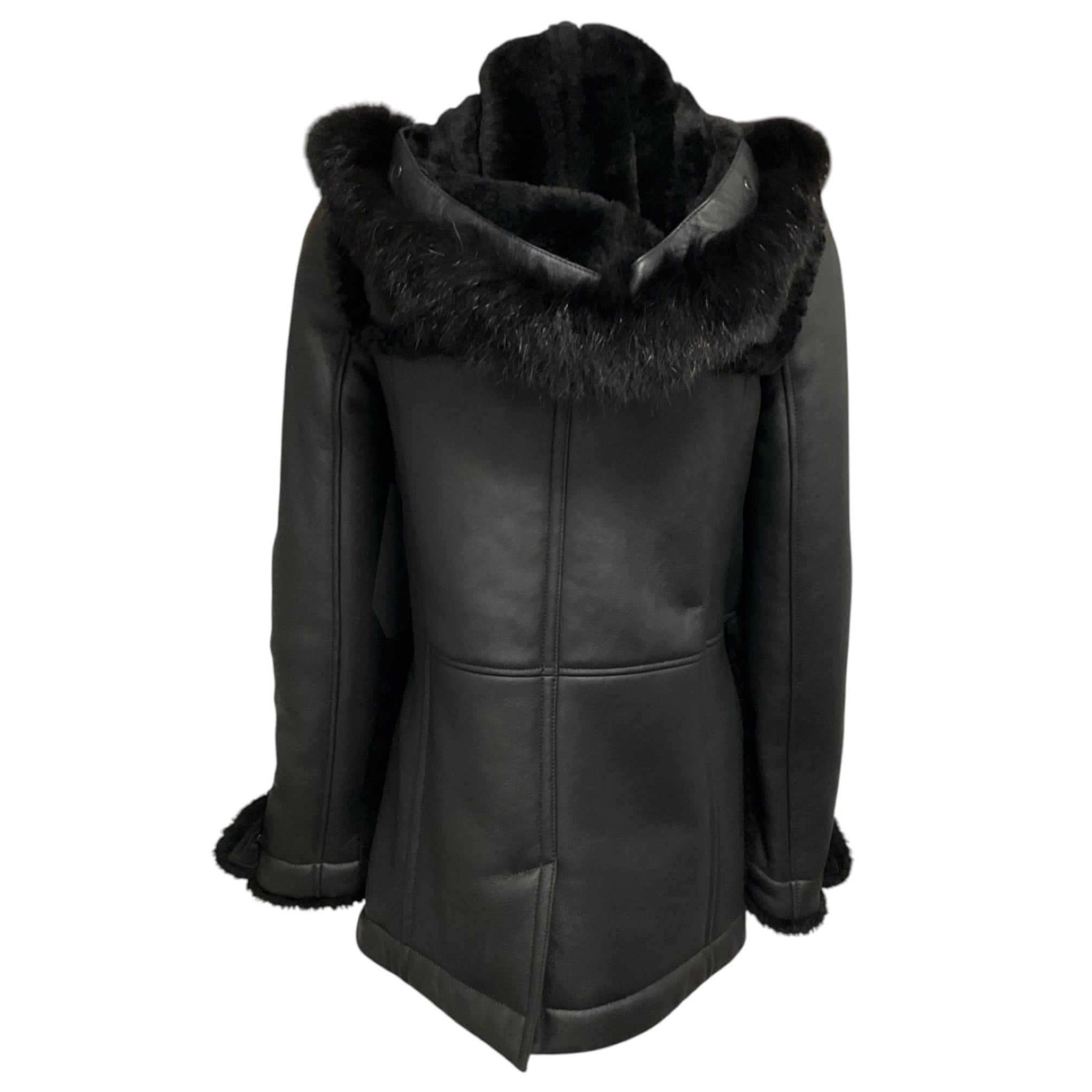 Burberry Brit Black Shearling Lined Leather Jacket with Fur Trimmed Hood
