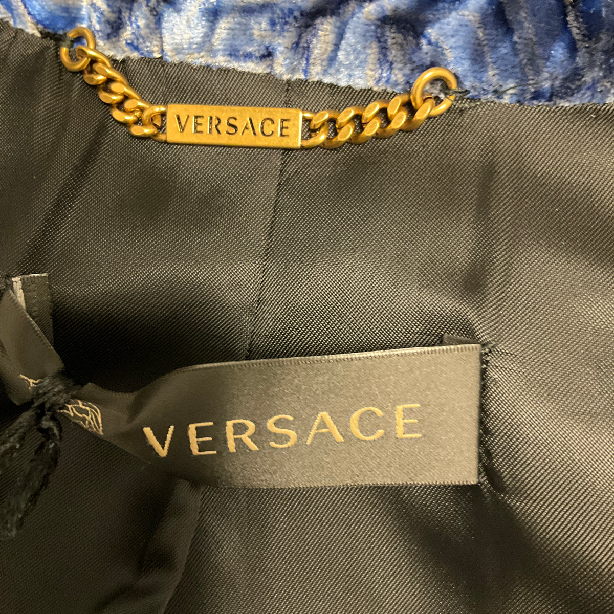 Versace Blue Multi Printed Velvet Blazer with Gold Medusa Buttons