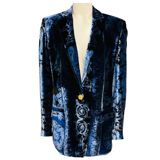 Versace Blue Multi Printed Velvet Blazer with Gold Medusa Buttons