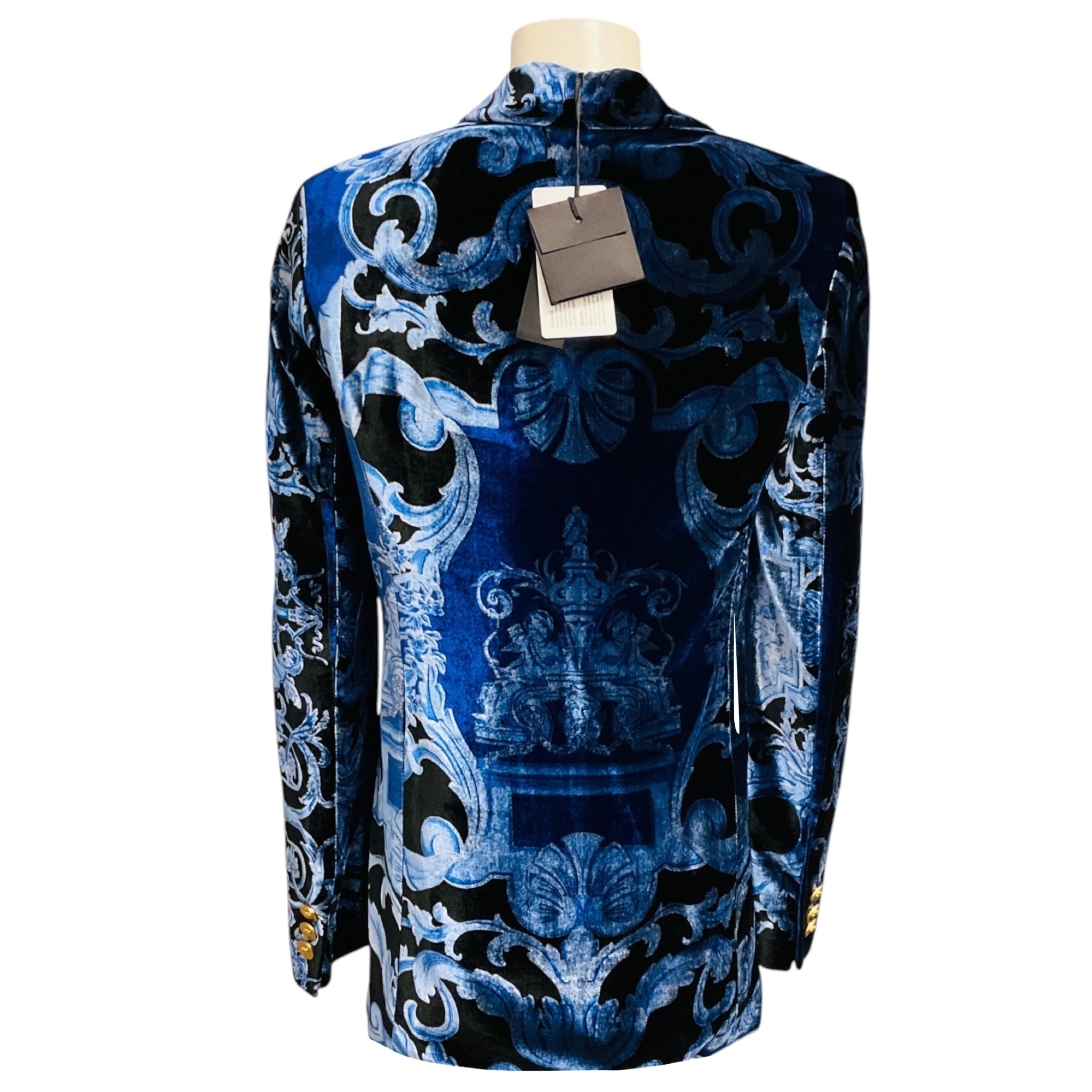 Versace Blue Multi Printed Velvet Blazer with Gold Medusa Buttons
