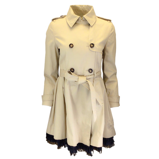RED Valentino Beige / Black Lace Trimmed Belted Double Breasted Cotton Trench Coat