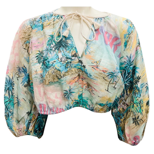 Zimmermann Blue Multi Vacay Puff Sleeve Crop Top
