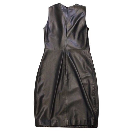 Gucci Black Silk Lined Sleeveless Genuine Lambskin Leather Dress