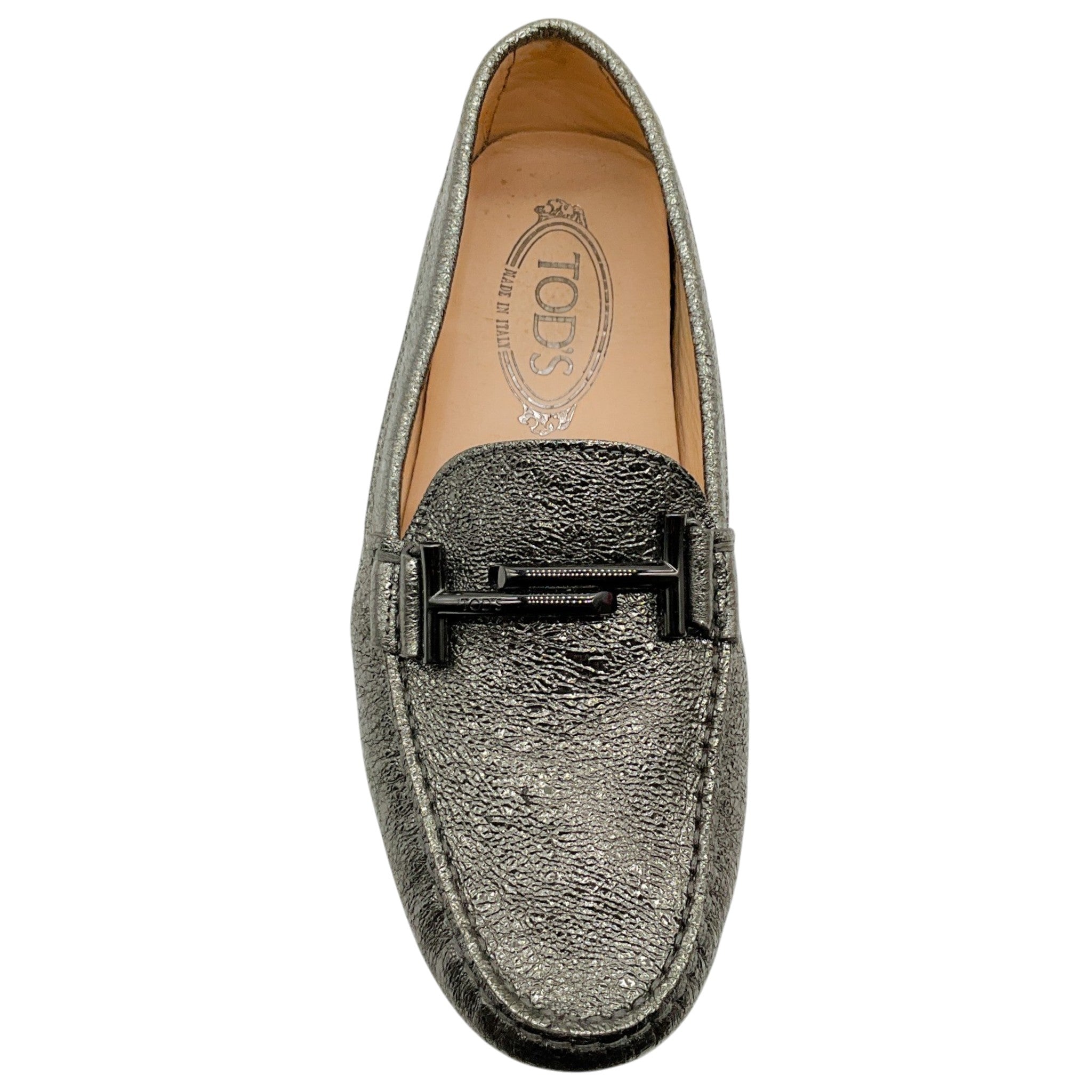 Tod's Crackled Metallic Silver Gommino Double T Loafers
