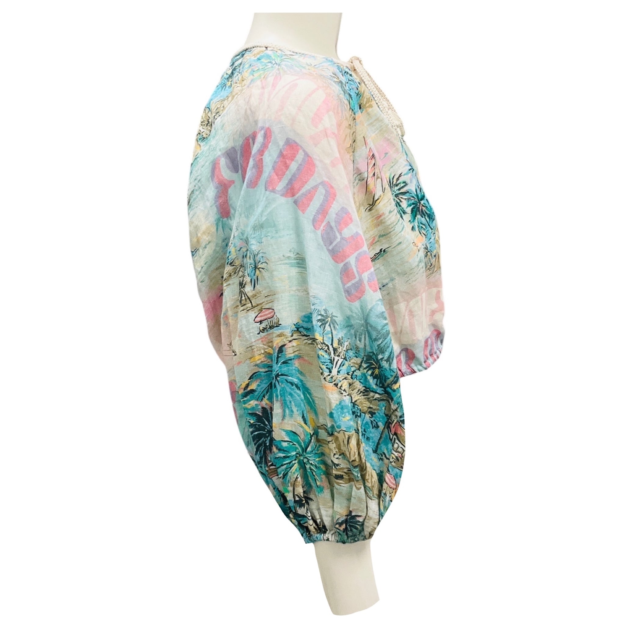 Zimmermann Blue Multi Vacay Puff Sleeve Crop Top