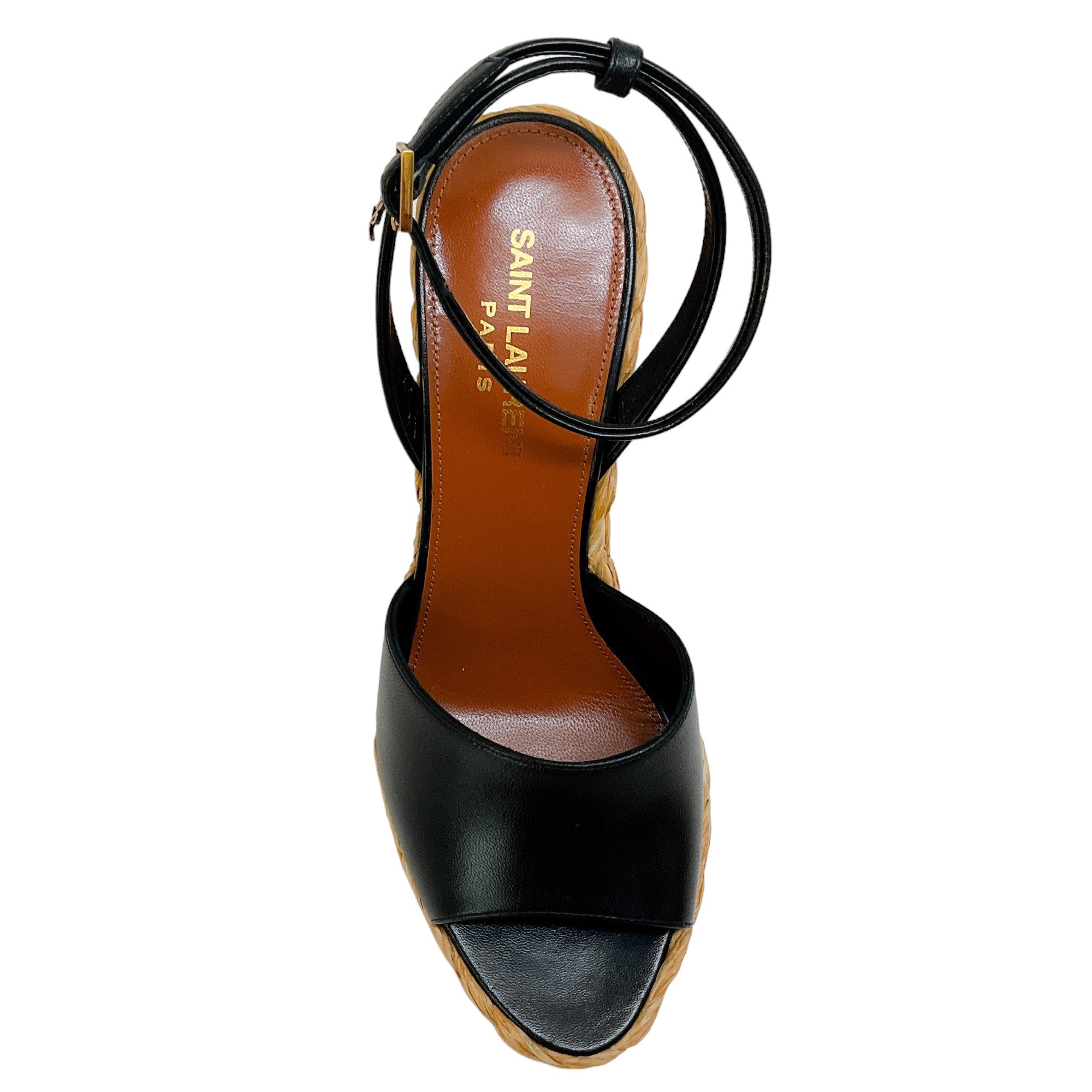 Saint Laurent 2023 Black Leather Paloma Raffia Wedge Sandals