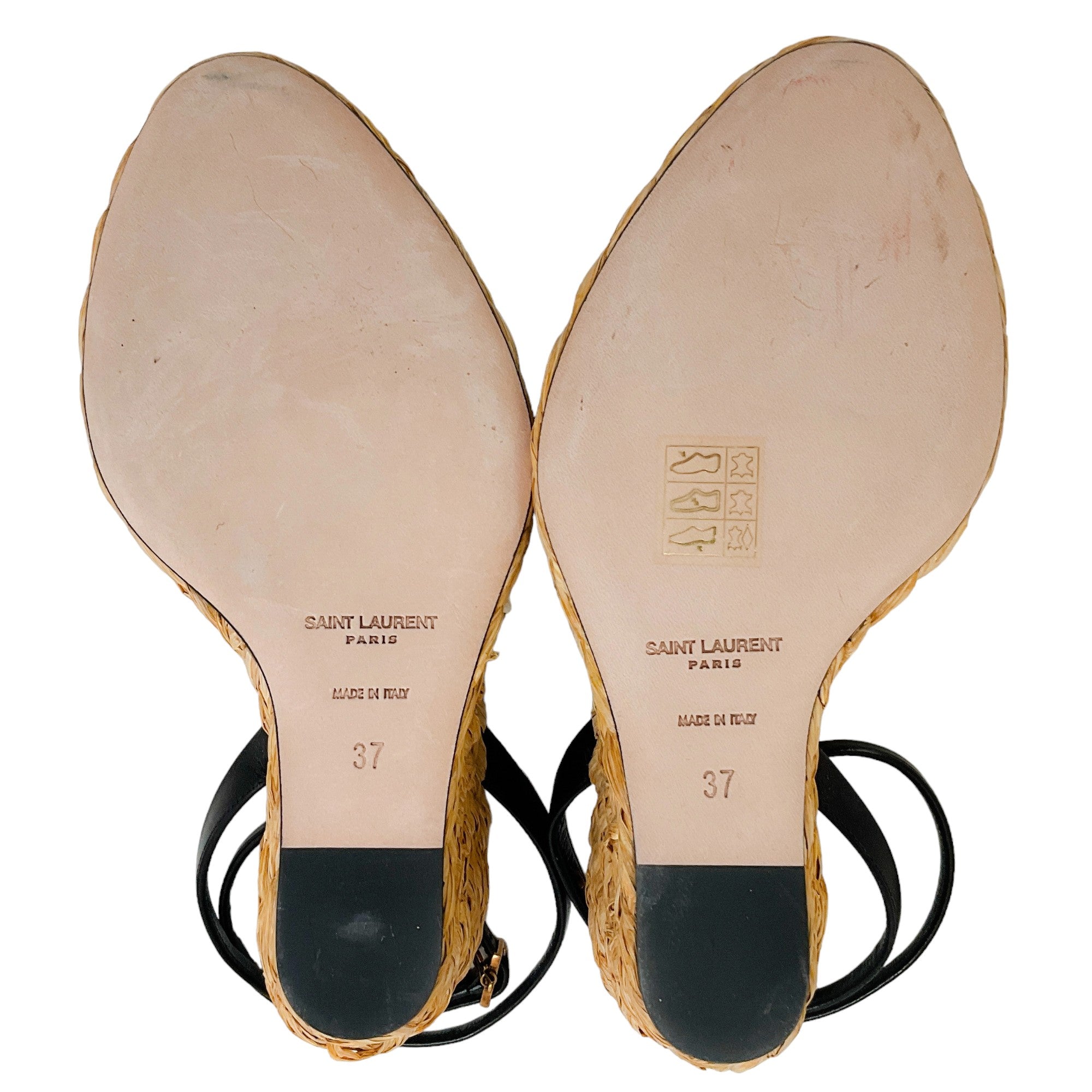 Saint Laurent 2023 Black Leather Paloma Raffia Wedge Sandals