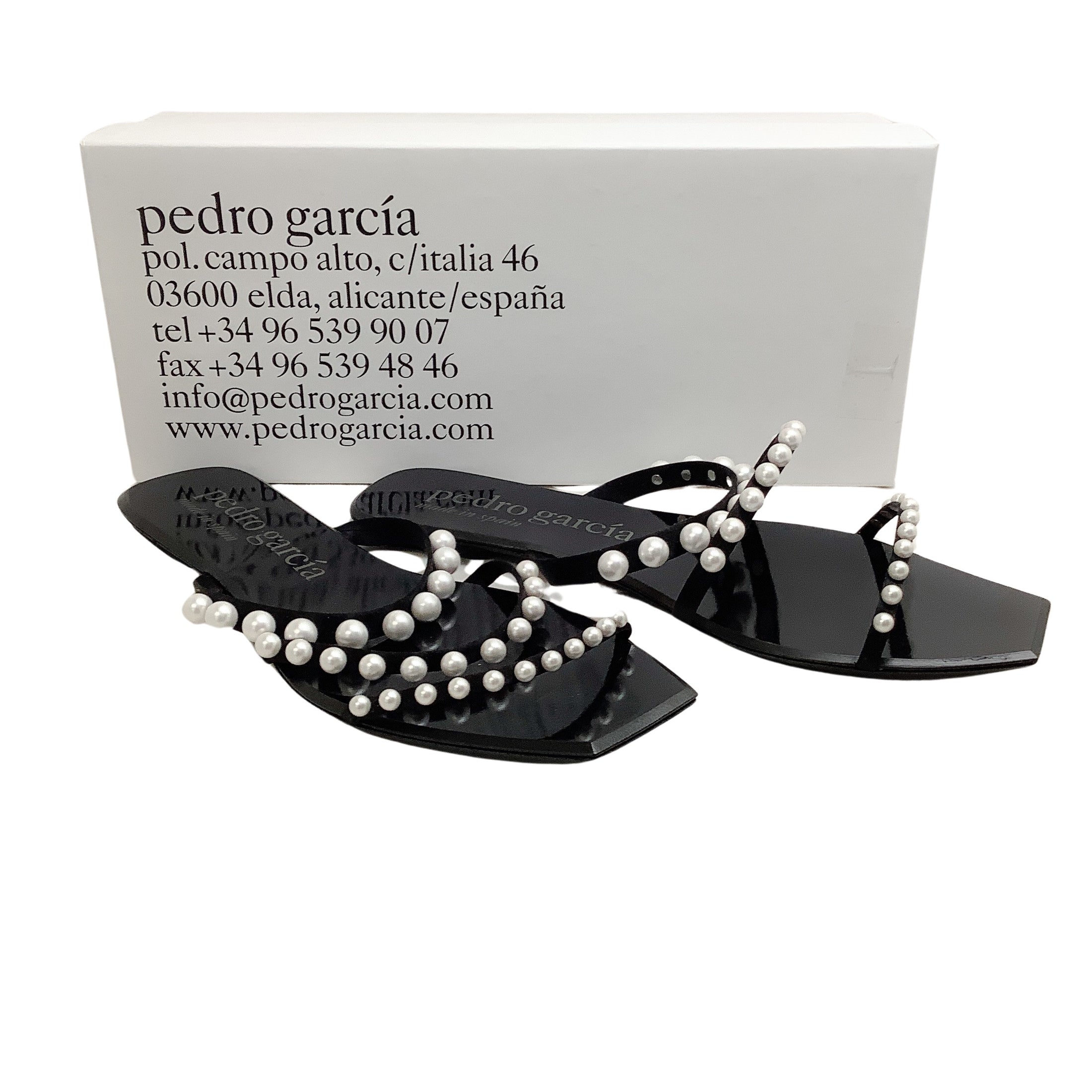 Pedro Garcia Black Satin Verita Flat Sandals with Pearl Embellishments
