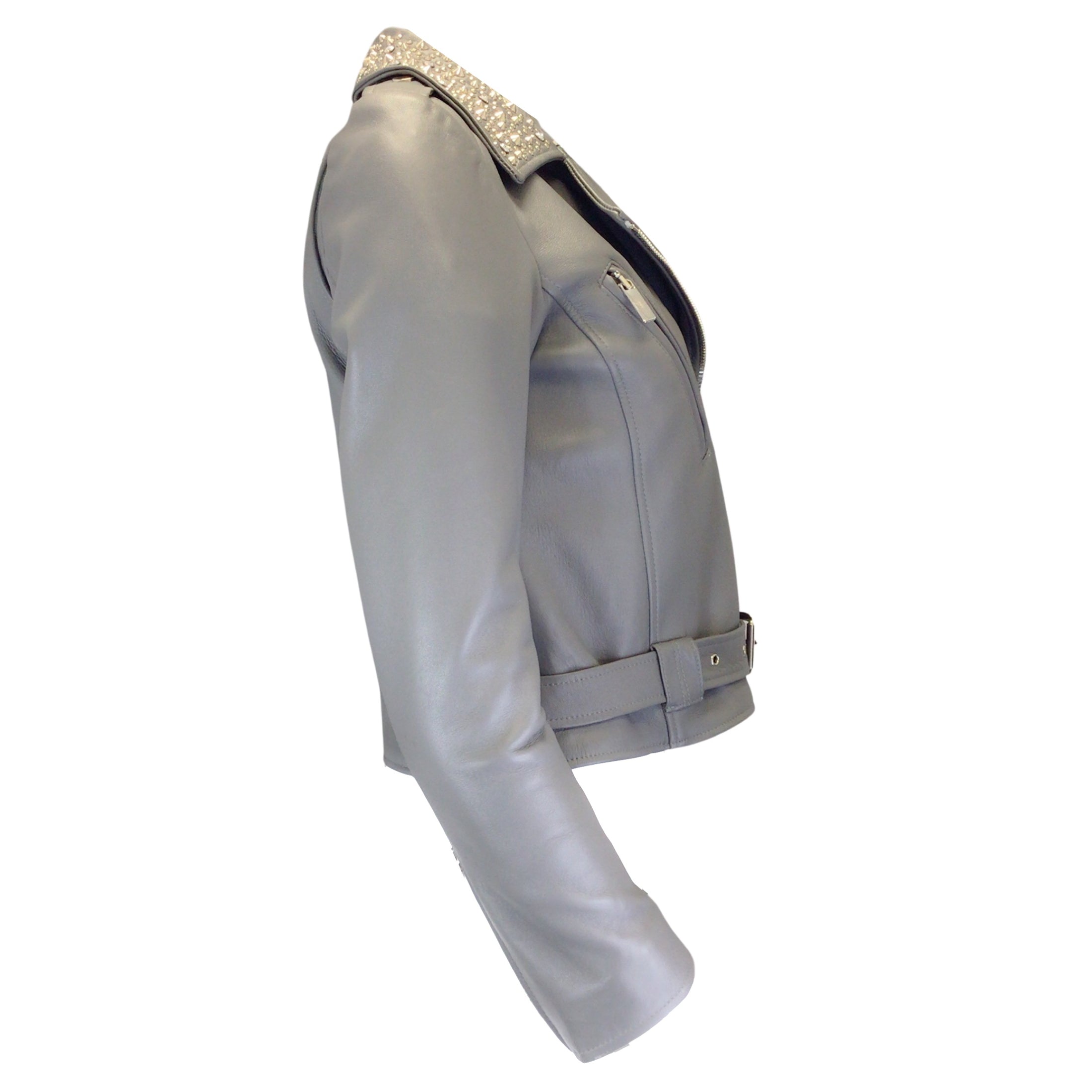 Nour Hammour Grey / Silver Studded Moto Zip Lambskin Leather Jacket