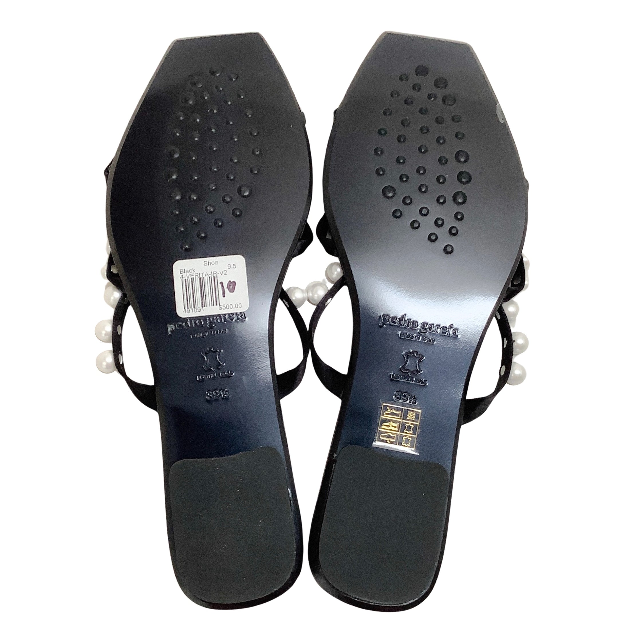 Pedro Garcia Black Satin Verita Flat Sandals with Pearl Embellishments
