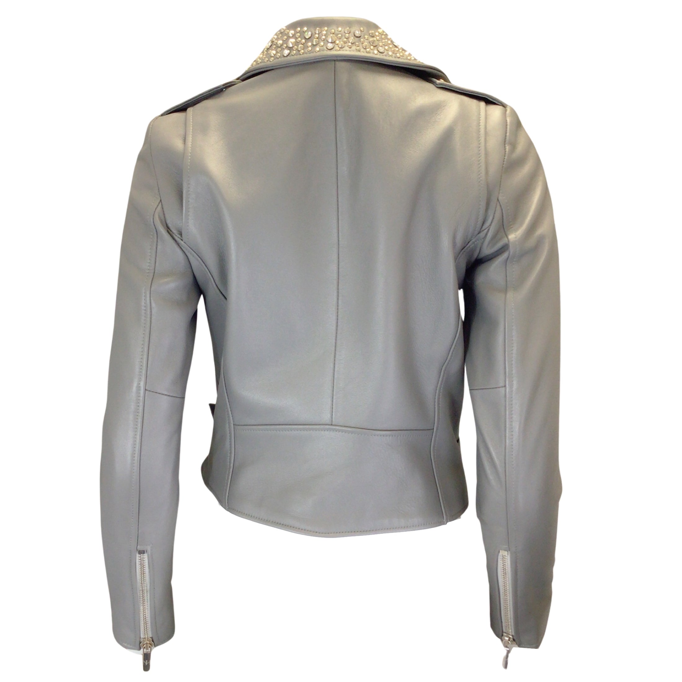 Nour Hammour Grey / Silver Studded Moto Zip Lambskin Leather Jacket
