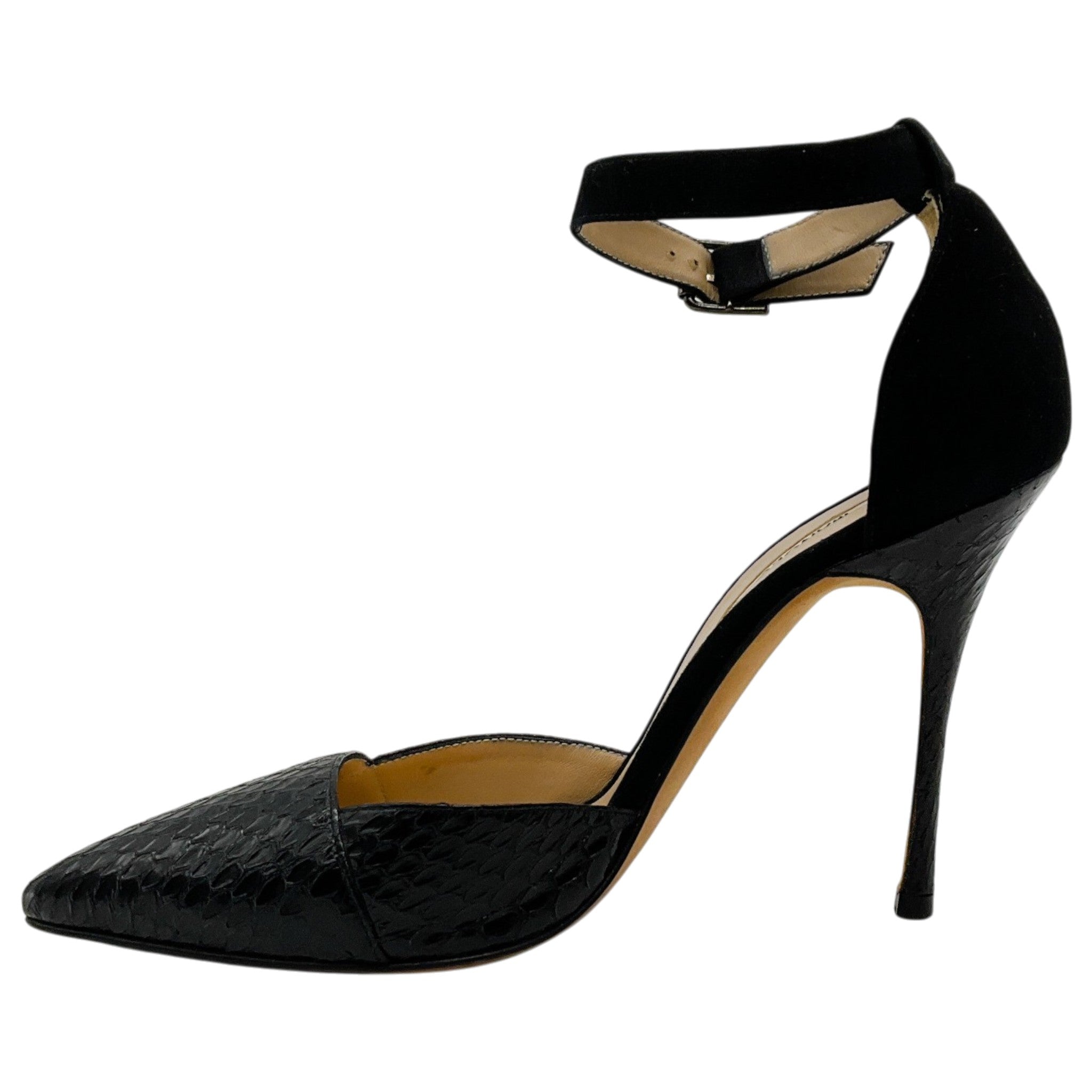 Manolo Blahnik Black Suede / Snakeskin Pumps with Ankle Strap