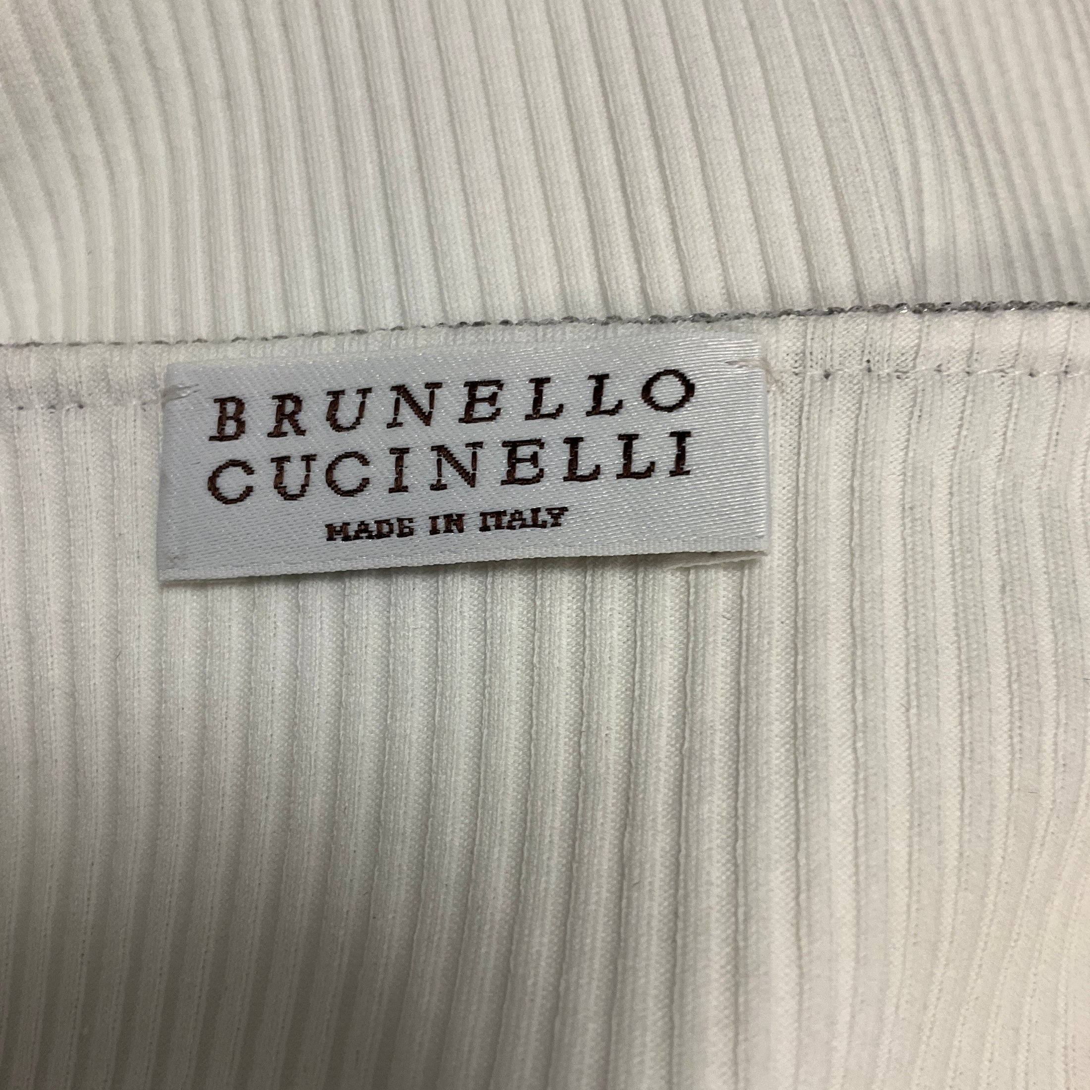 Brunello Cucinelli White Ribbed Cotton Stretch Top with Monili Chain Detail