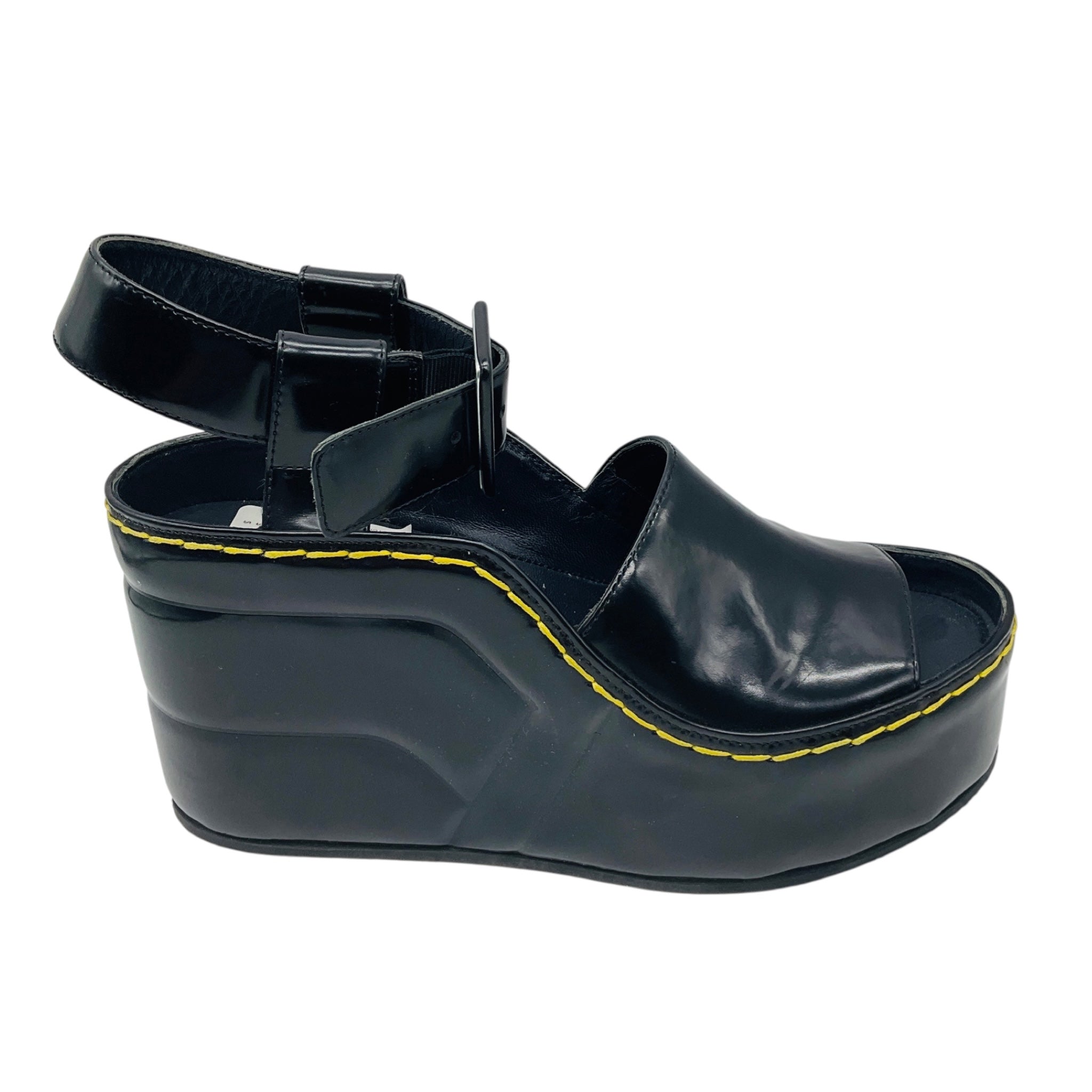 Celine Black 90mm Padded Graphic Brushed Leather Wedge Sandals