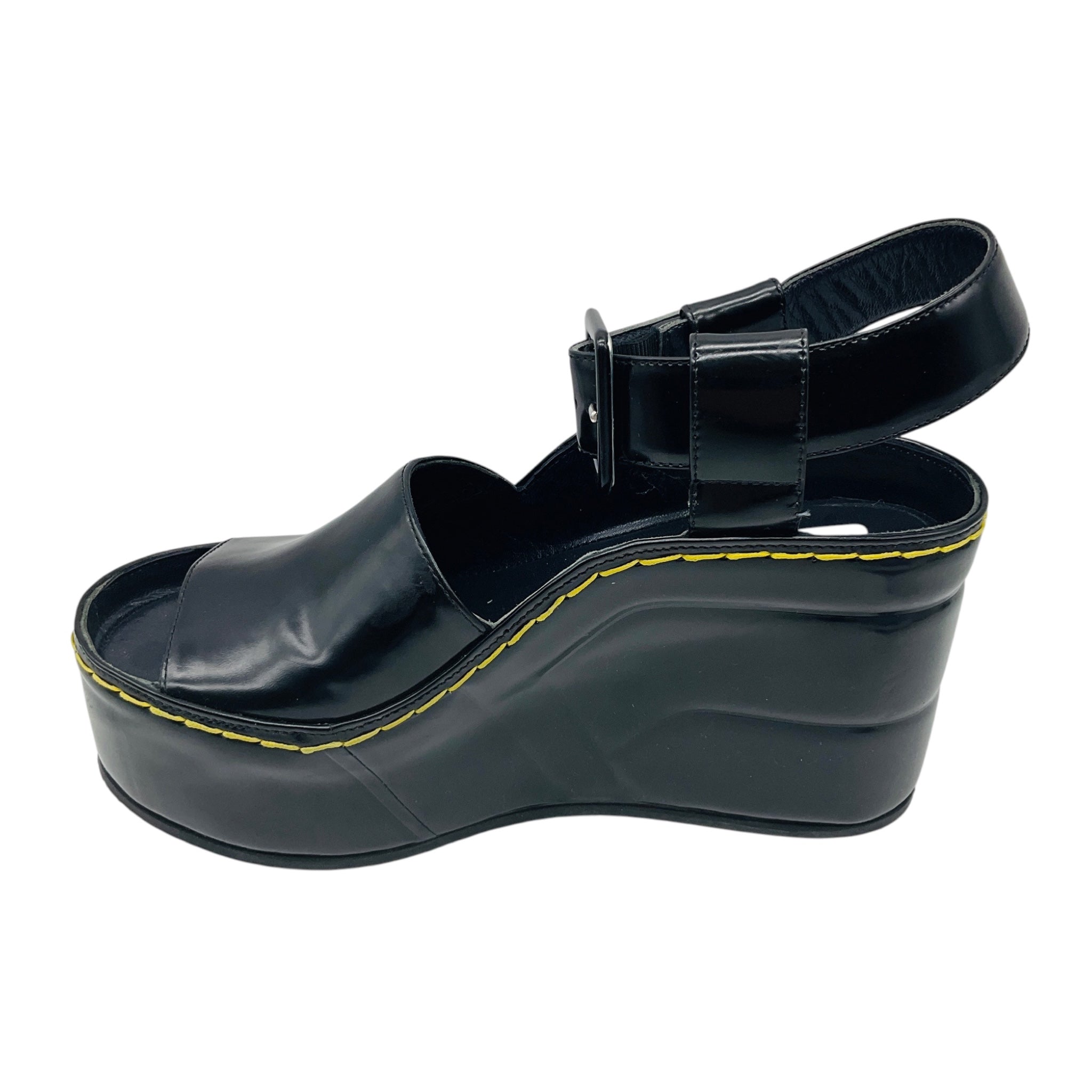 Celine Black 90mm Padded Graphic Brushed Leather Wedge Sandals