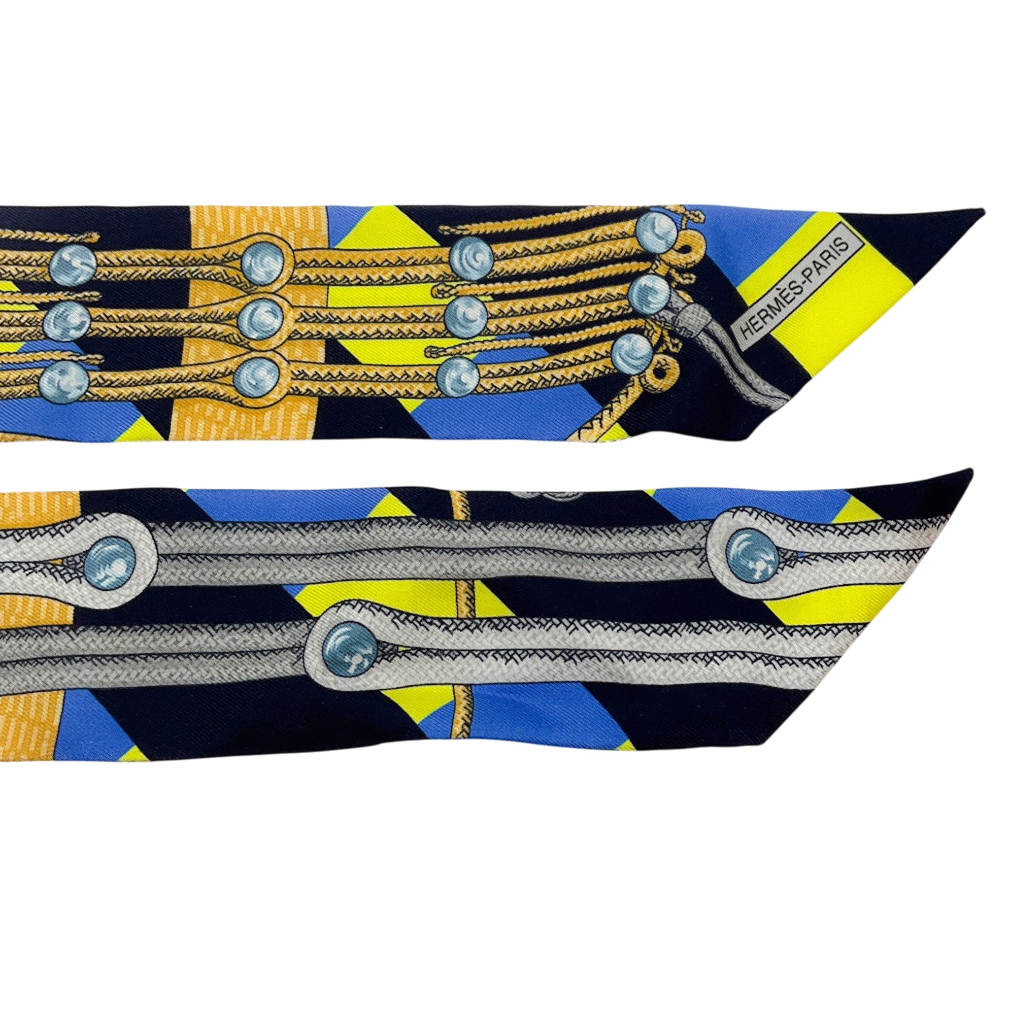 Hermès Blue / Yellow Brides et Gris-Gris silk Twilly Scarf