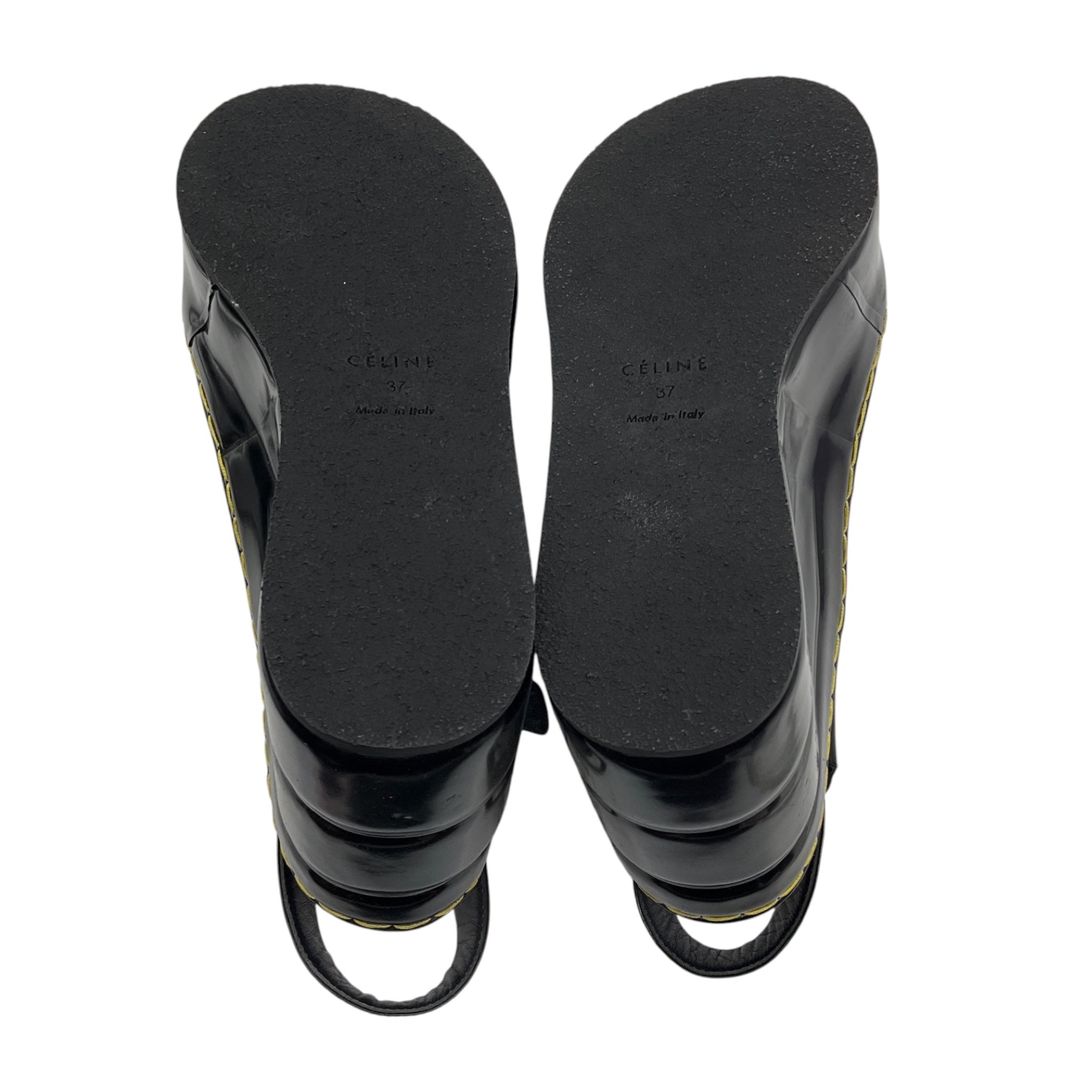 Celine Black 90mm Padded Graphic Brushed Leather Wedge Sandals