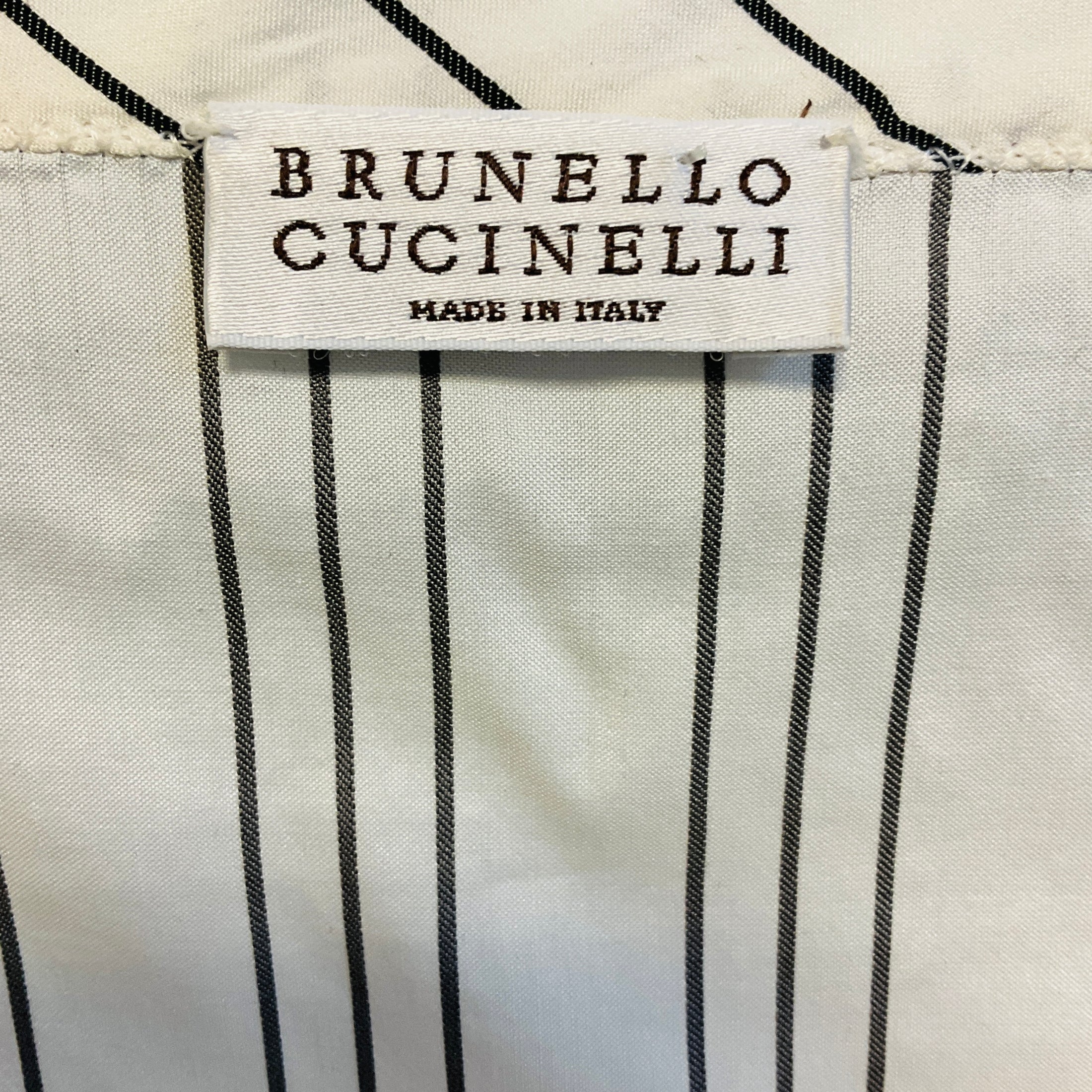 Brunello Cucinelli Ivory / Black Striped Sleeveless Silk Peplum Back Top with Monili
