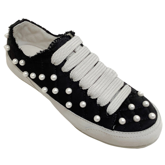 Pedro Garcia Black Satin Punet Sneakers with Pearl Embellishments