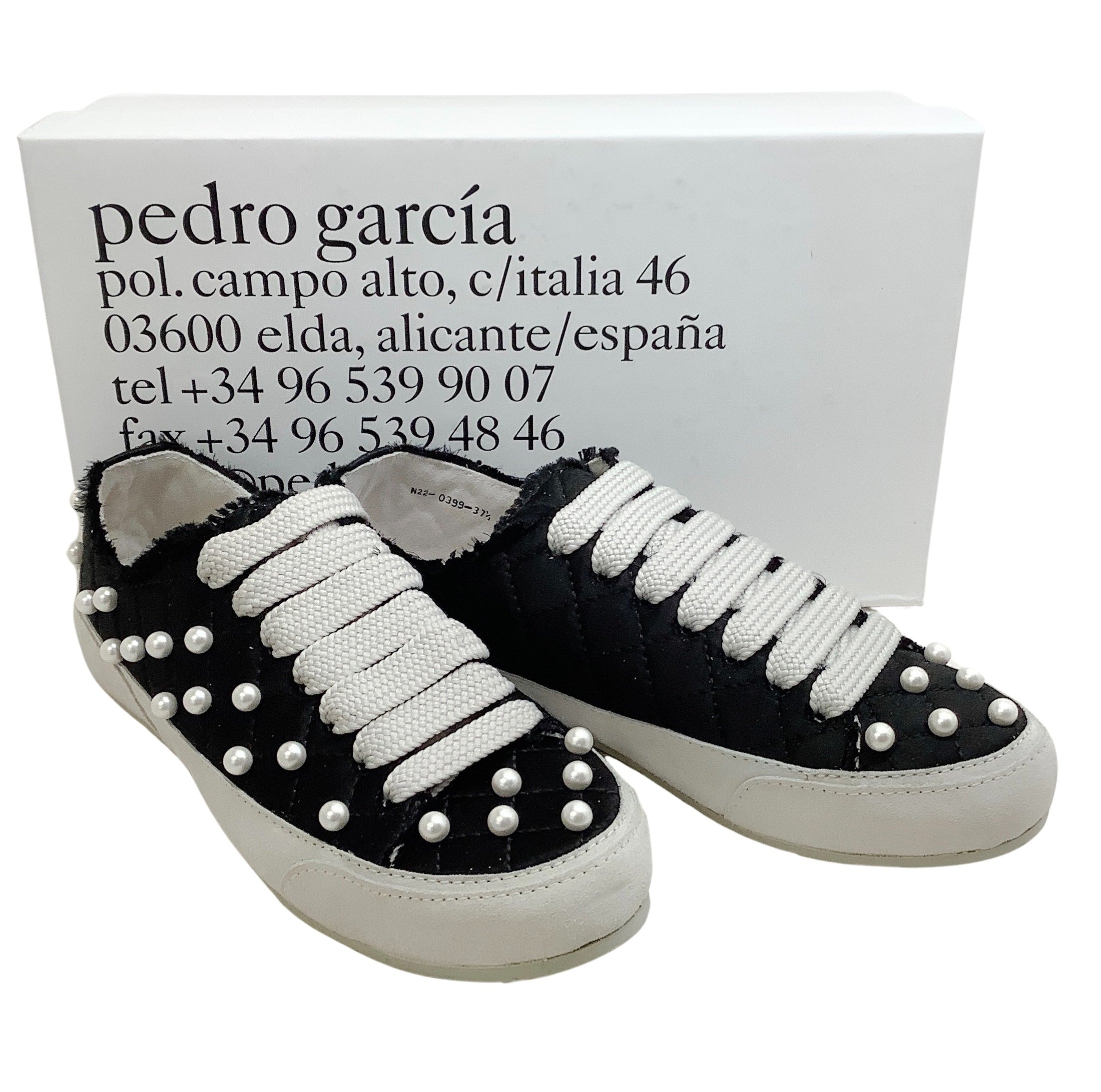 Pedro Garcia Black Satin Punet Sneakers with Pearl Embellishments