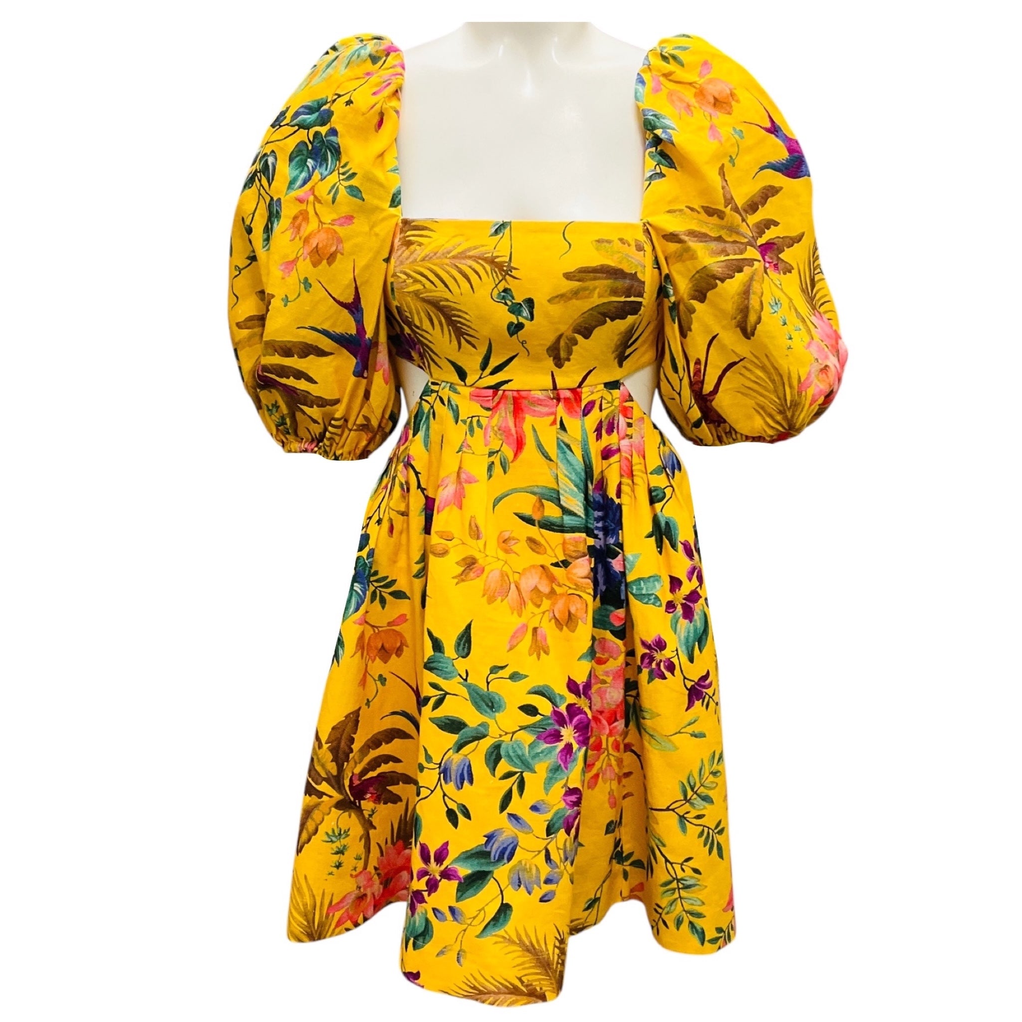 Zimmermann Yellow Multi Tropicana Floral Printed Linen Cut Out Mini Dress