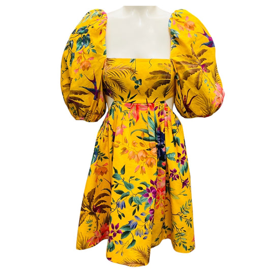 Zimmermann Yellow Multicolor Tropicana Floral Printed Linen Cut Out Mini Dress