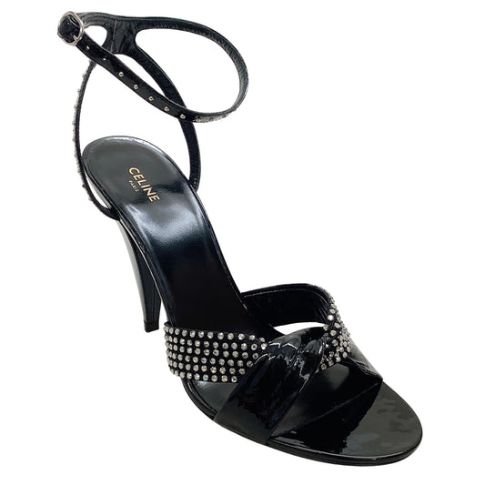Celine Black Patent Edwige Sandals with Crystal Embellishments