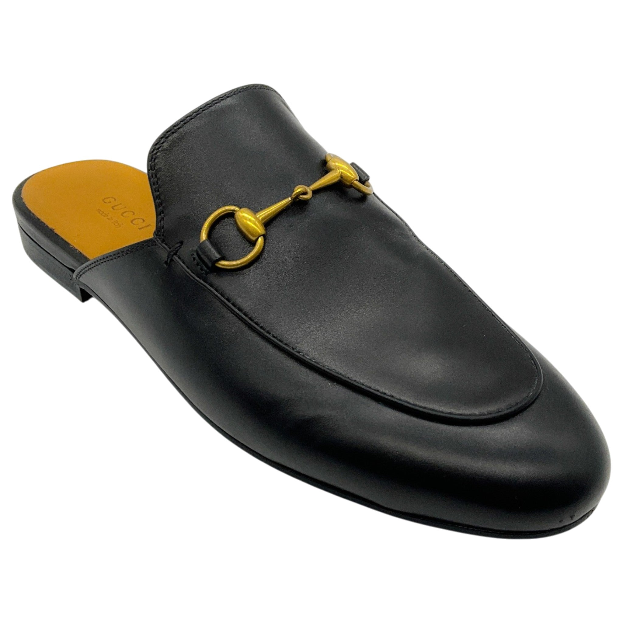 Gucci Black Leather Princetown Mules with Gold Horsebit
