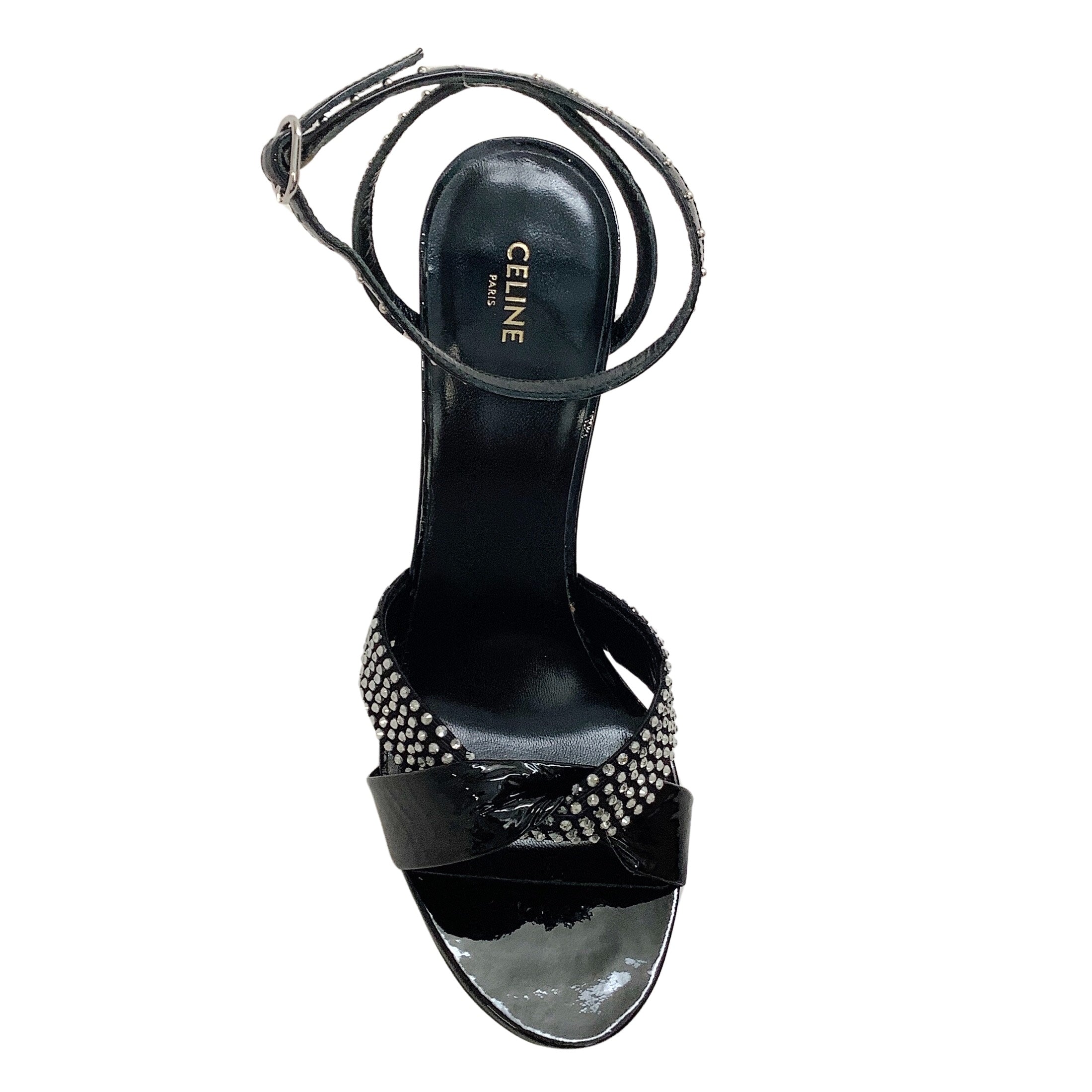 Celine Black Patent Edwige Sandals with Crystal Embellishments