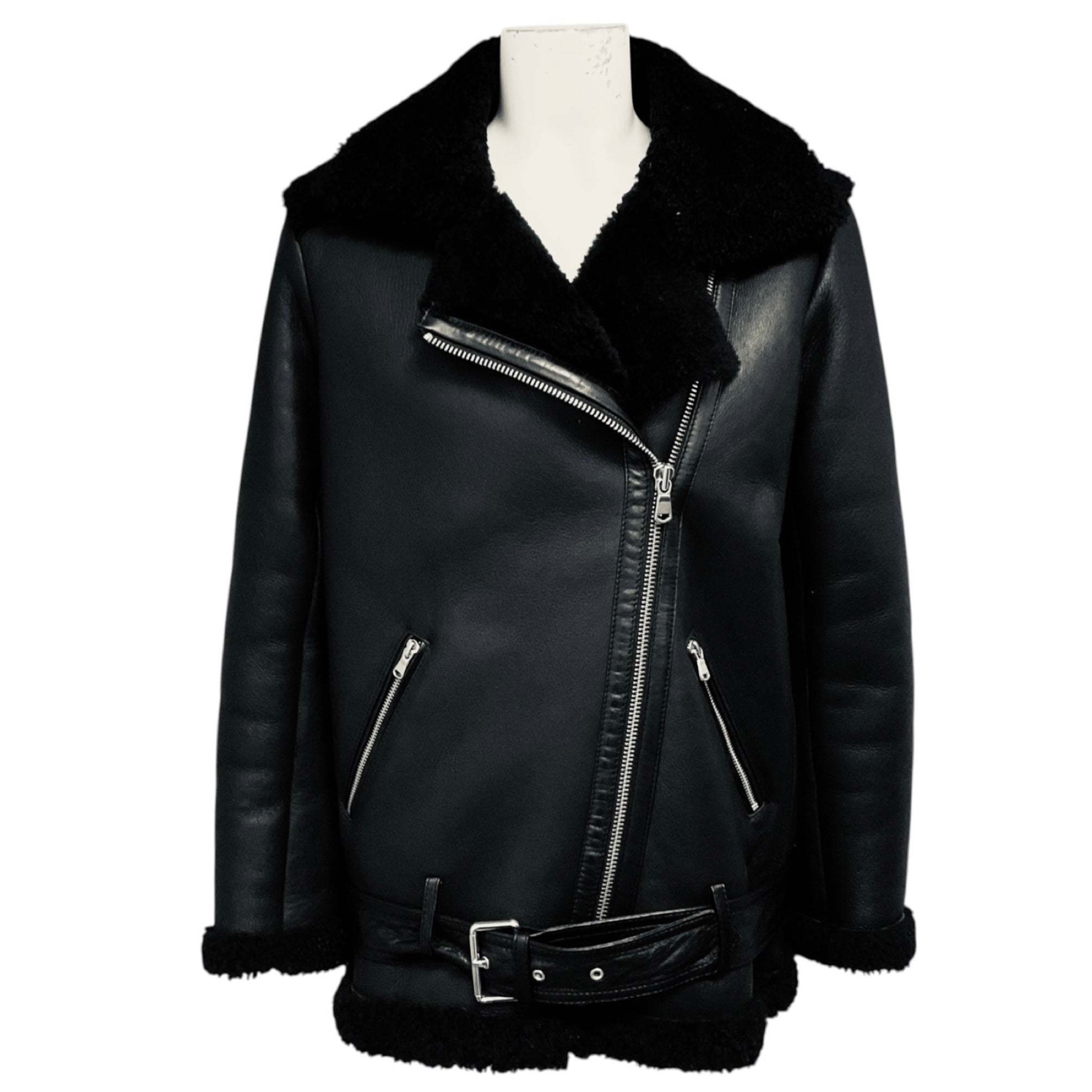 Maje Black Gombery Shearling Lined Leather Moto Jacket