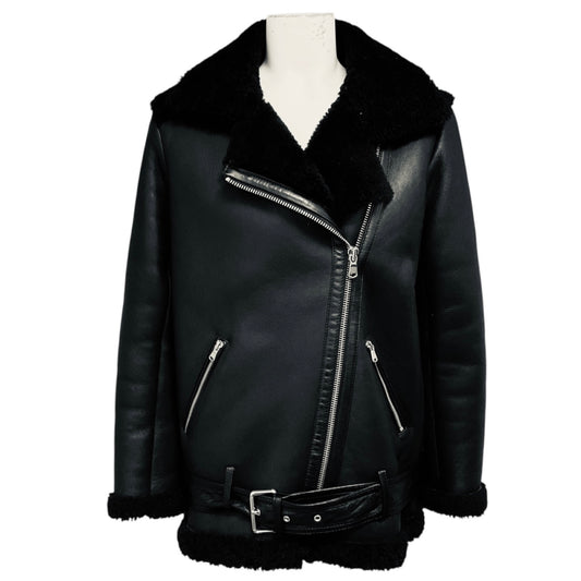 Maje Black Gombery Shearling Lined Leather Moto Jacket
