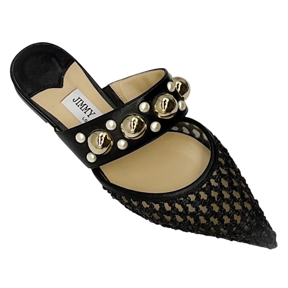 Jimmy Choo Black Basette Pearl Embellished Raffia and Nappa Leather Flat Mules