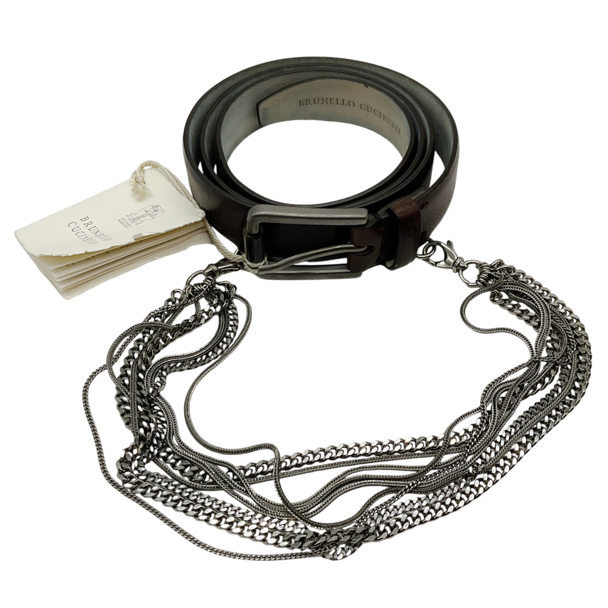 Brunello Cucinelli Brown Leather Belt with Multi Silver Chain Embellishments