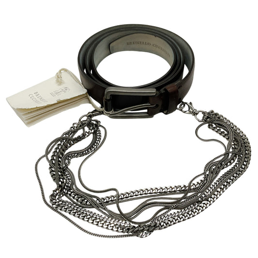 Brunello Cucinelli Brown Leather Belt with Multi Silver Chain Embellishments