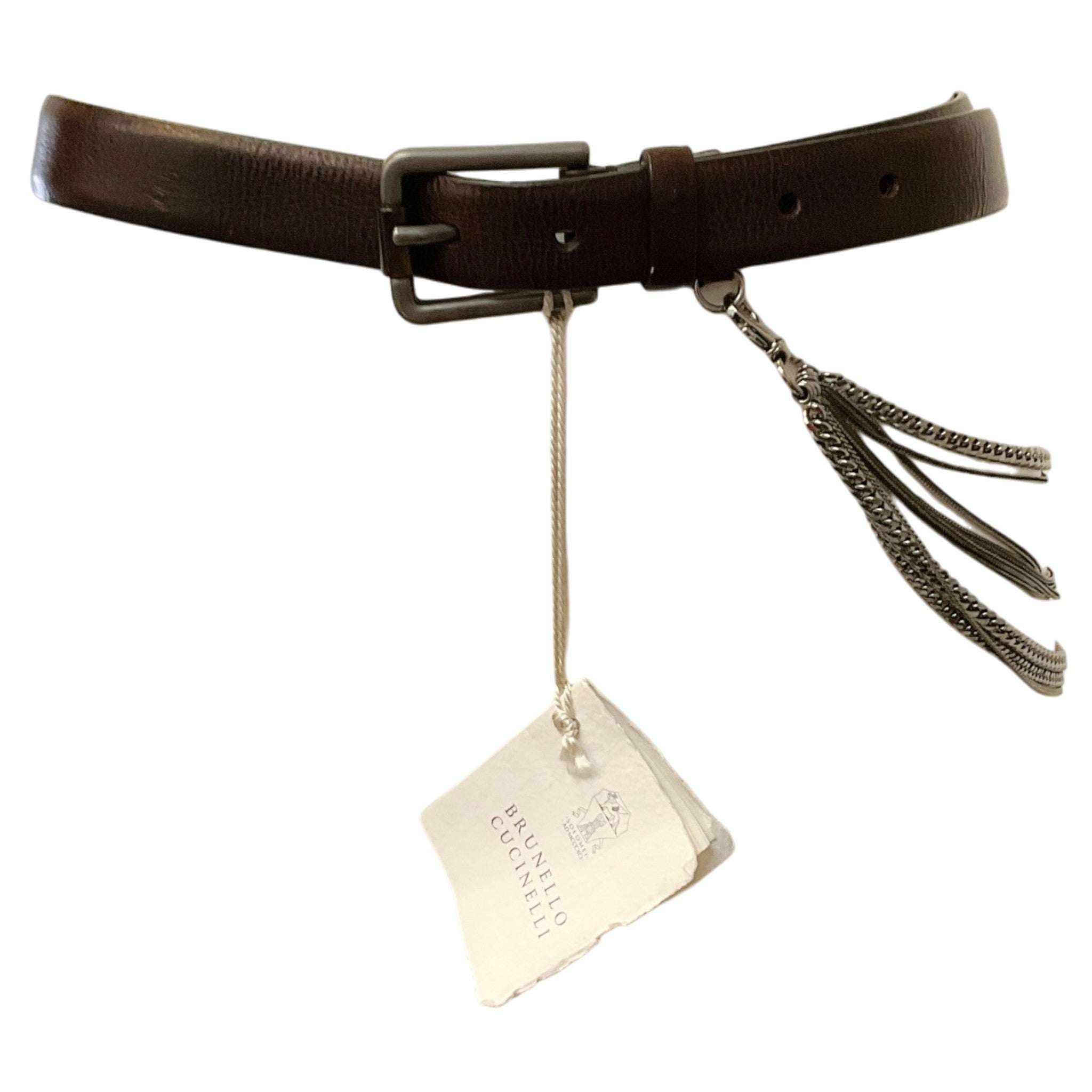 Brunello Cucinelli Brown Leather Belt with Multi Silver Chain Embellishments