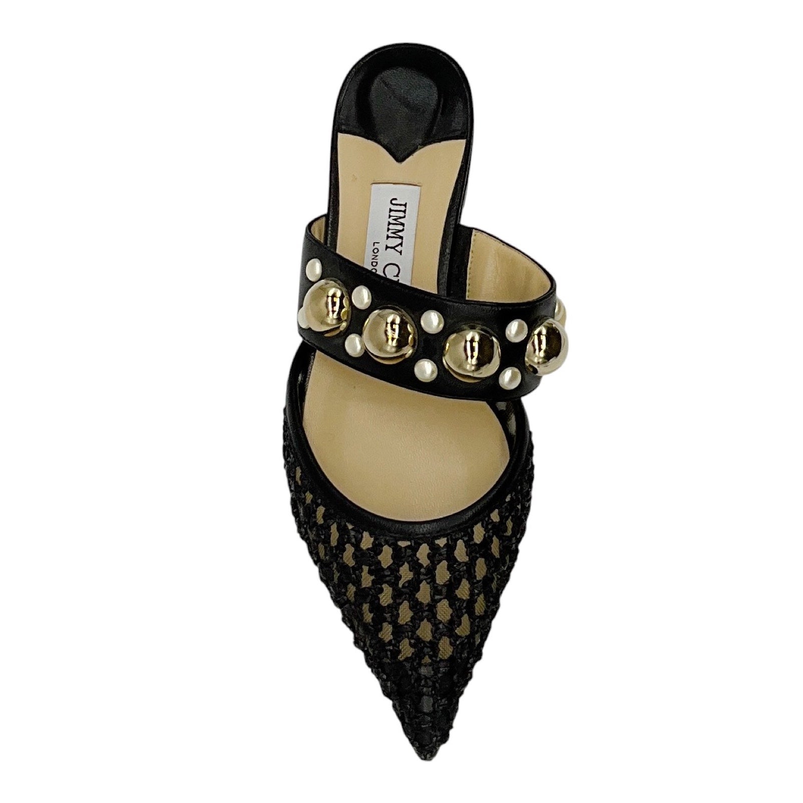 Jimmy Choo Black Basette Pearl Embellished Raffia and Nappa Leather Flat Mules