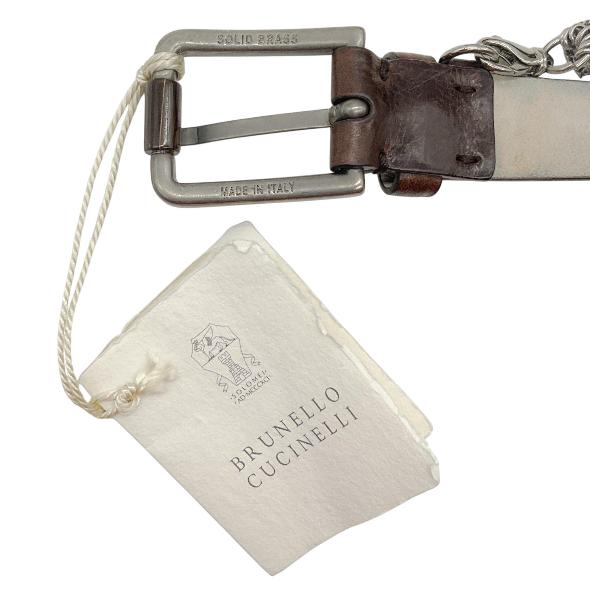 Brunello Cucinelli Brown Leather Belt with Multi Silver Chain Embellishments