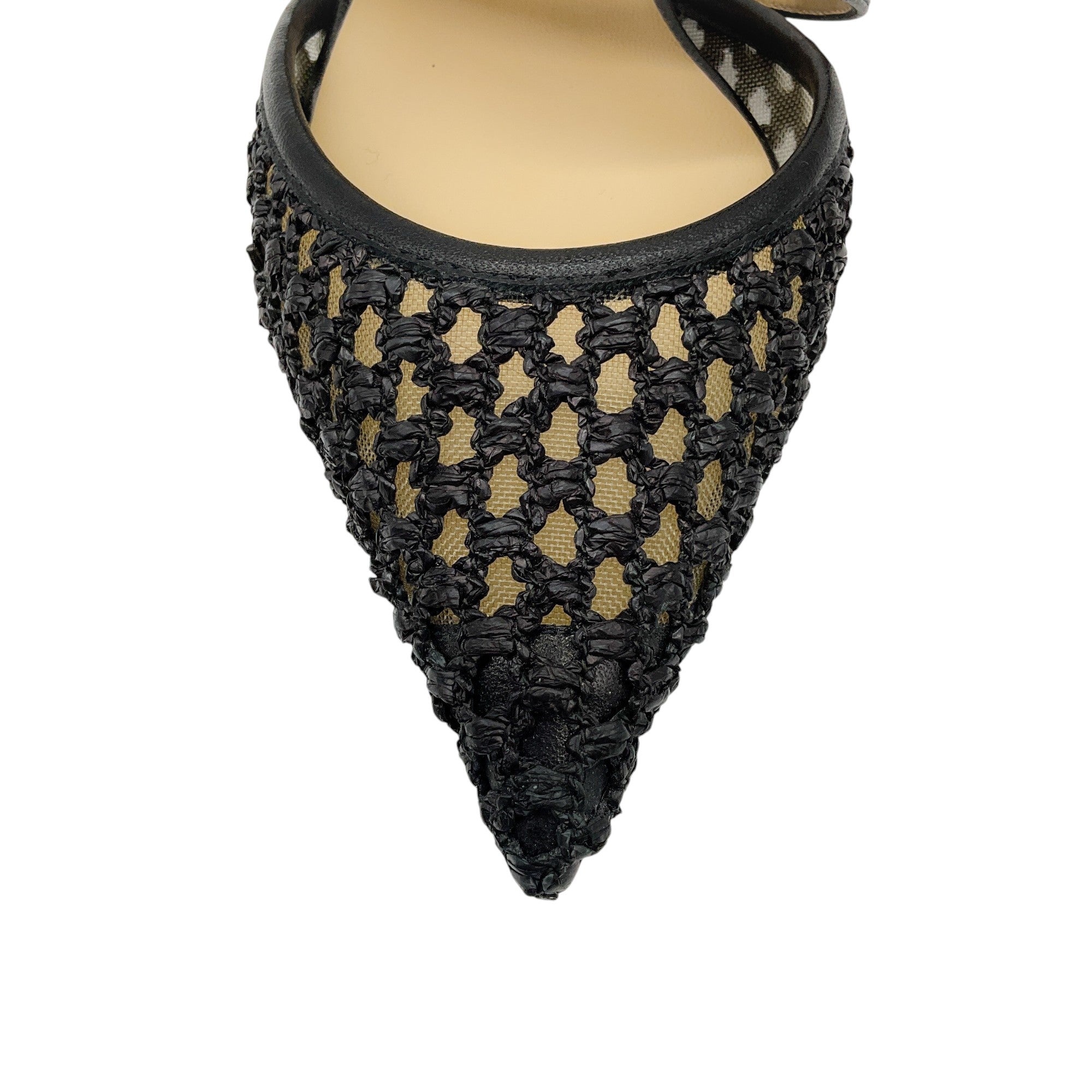 Jimmy Choo Black Basette Pearl Embellished Raffia and Nappa Leather Flat Mules