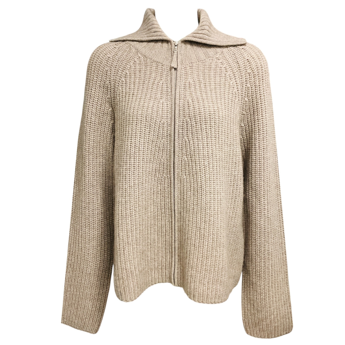 Allude Beige Zip Front Wool and Cashmere Knit Sweater