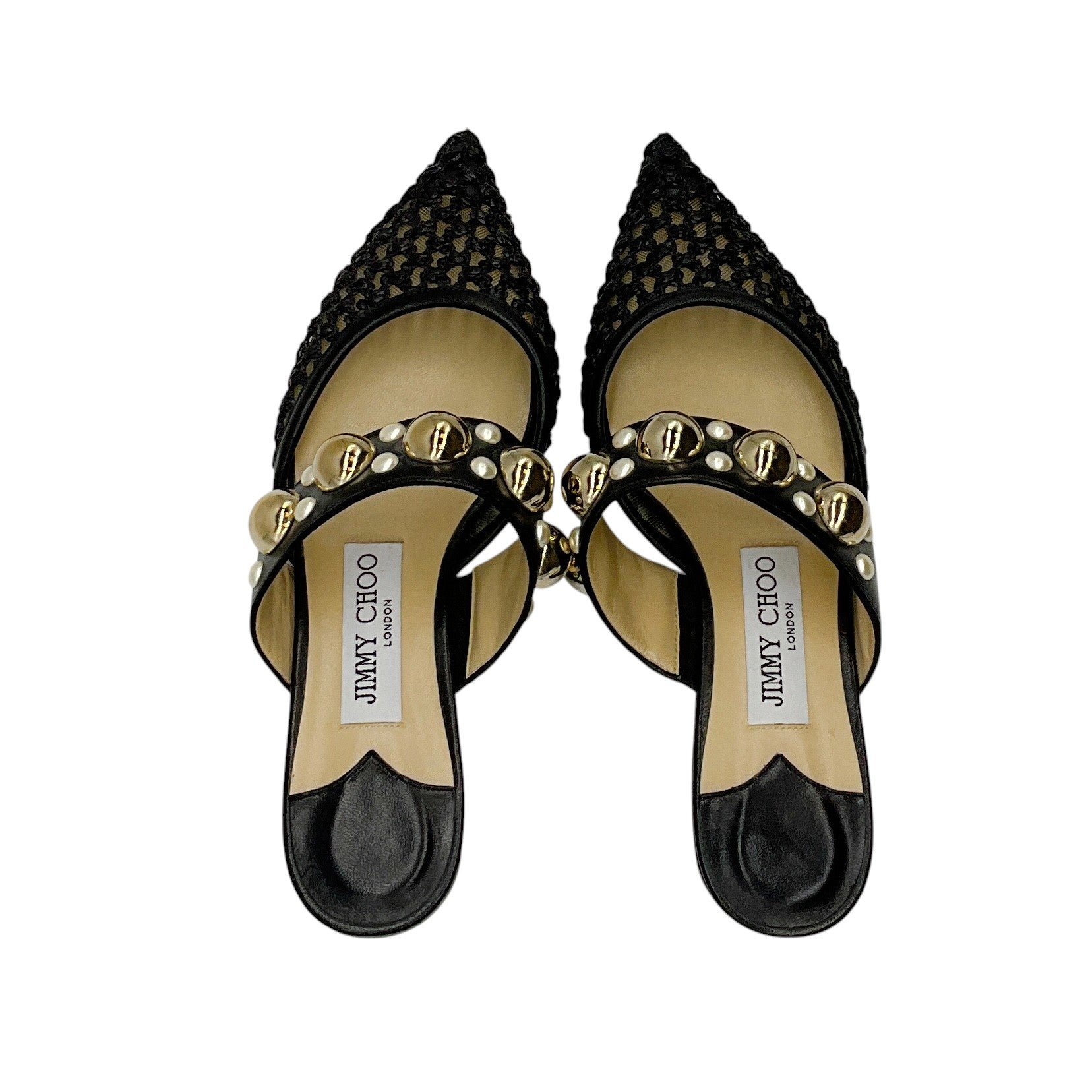 Jimmy Choo Black Basette Pearl Embellished Raffia and Nappa Leather Flat Mules