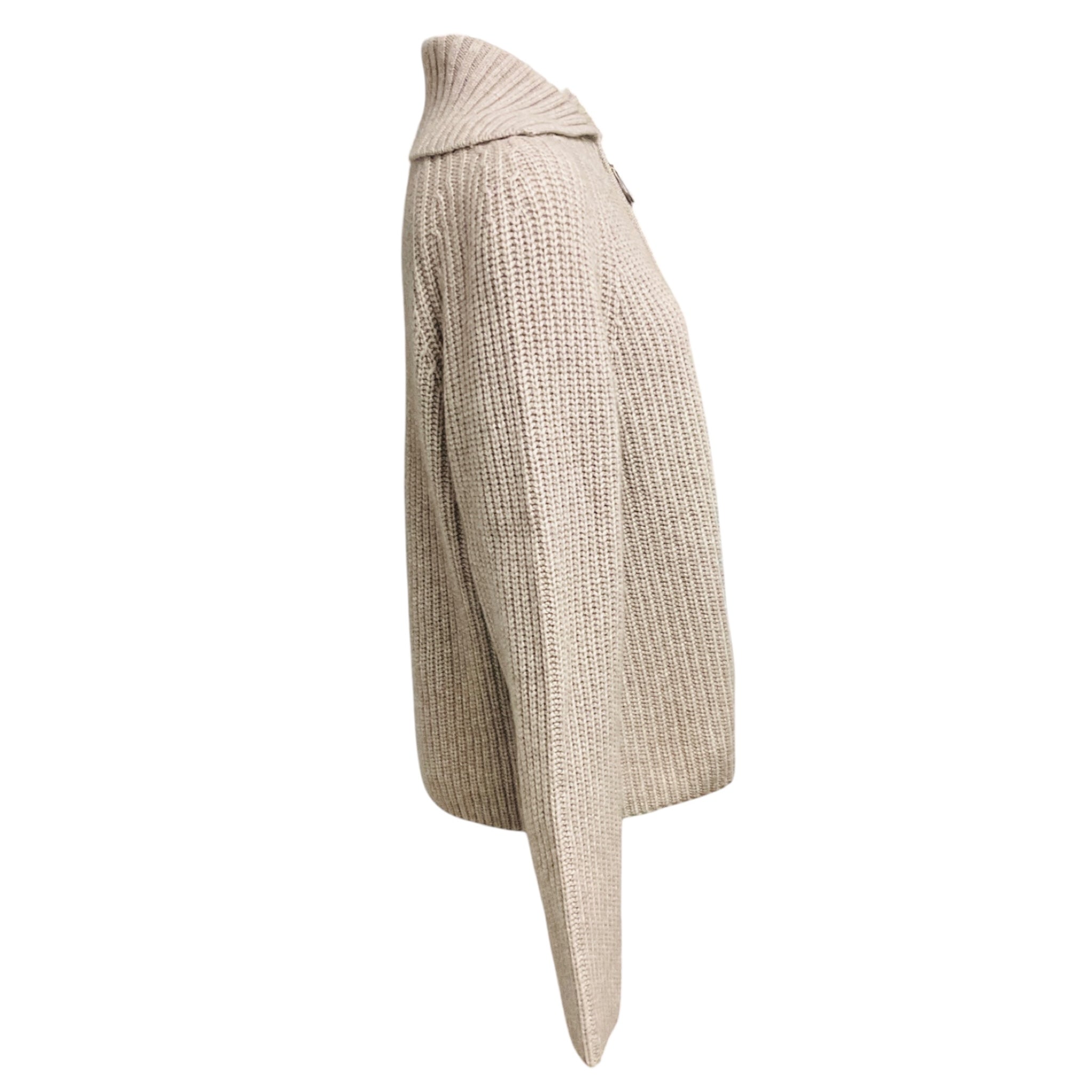 Allude Beige Zip Front Wool and Cashmere Knit Sweater