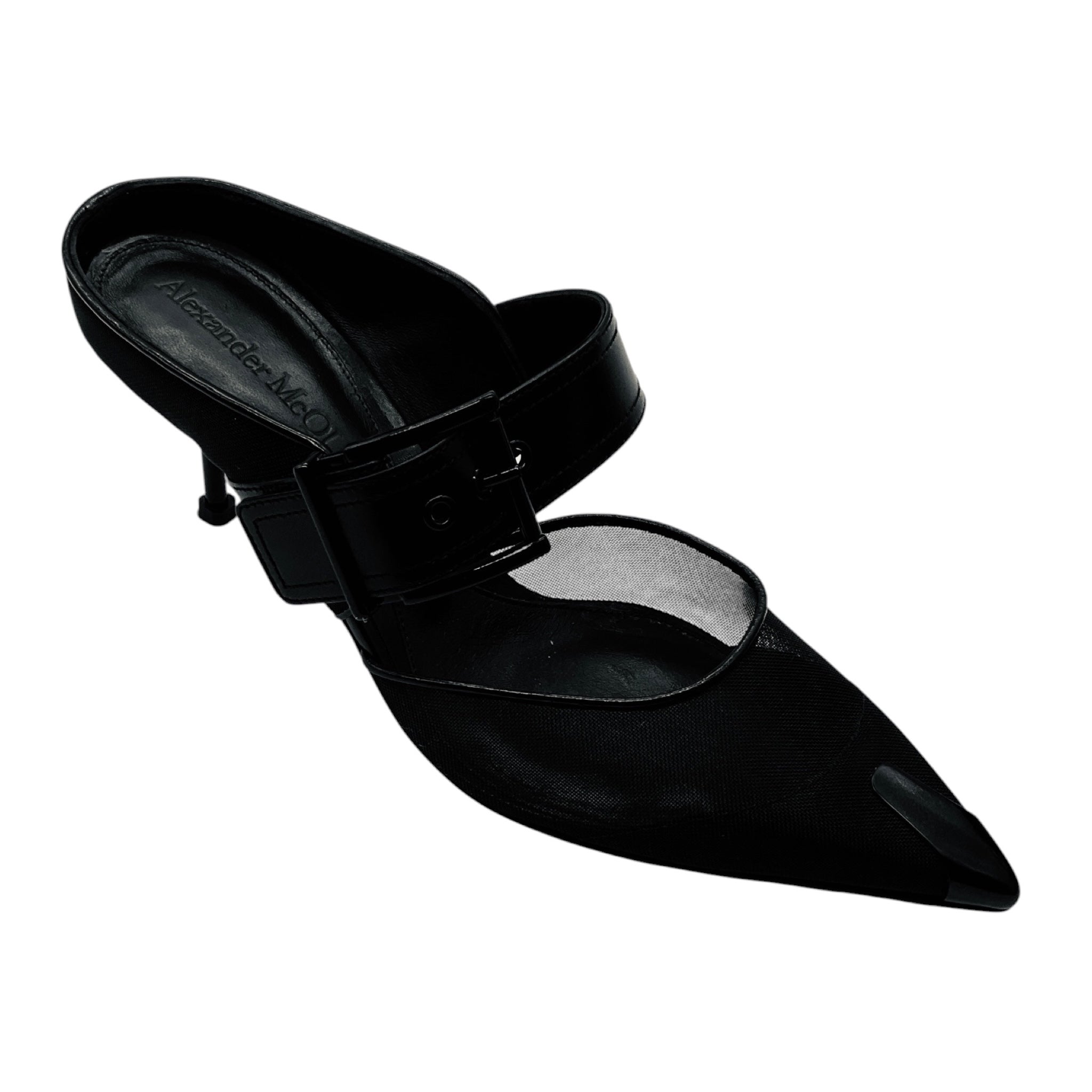 Alexander McQueen Black 'Punk' Mesh and Leather Pointed Toe Mules with Buckle Detail