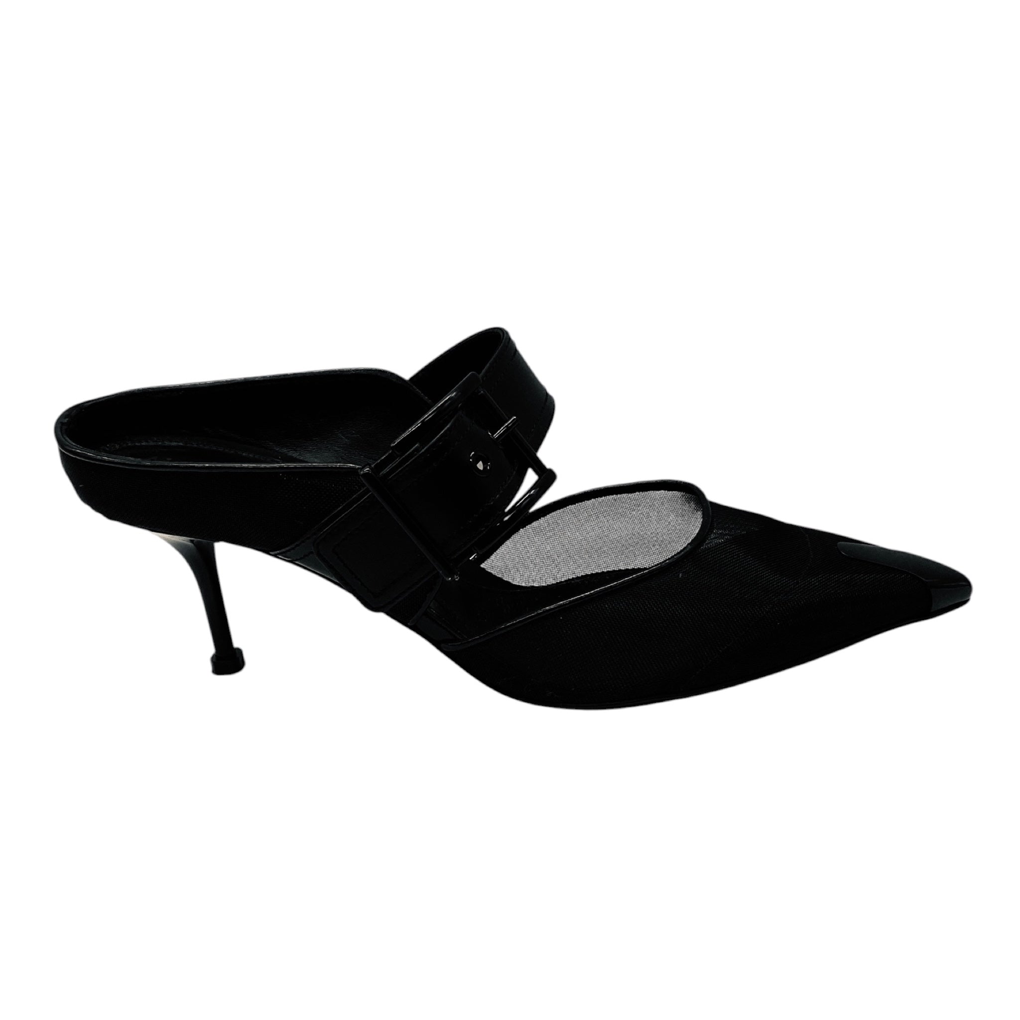 Alexander McQueen Black 'Punk' Mesh and Leather Pointed Toe Mules with Buckle Detail