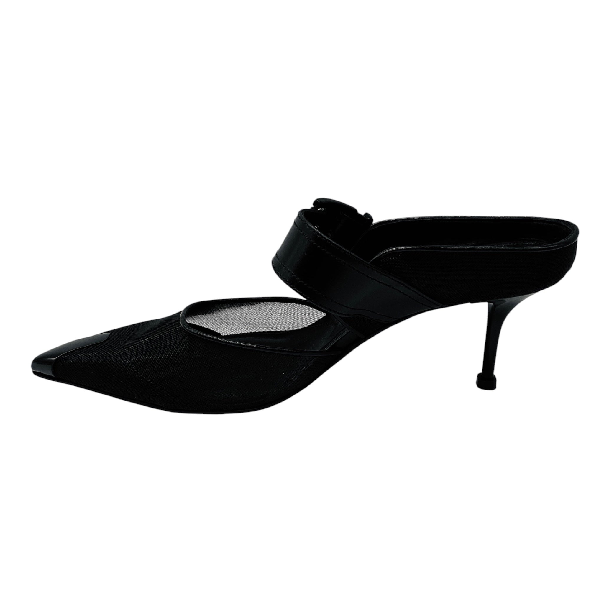 Alexander McQueen Black 'Punk' Mesh and Leather Pointed Toe Mules with Buckle Detail