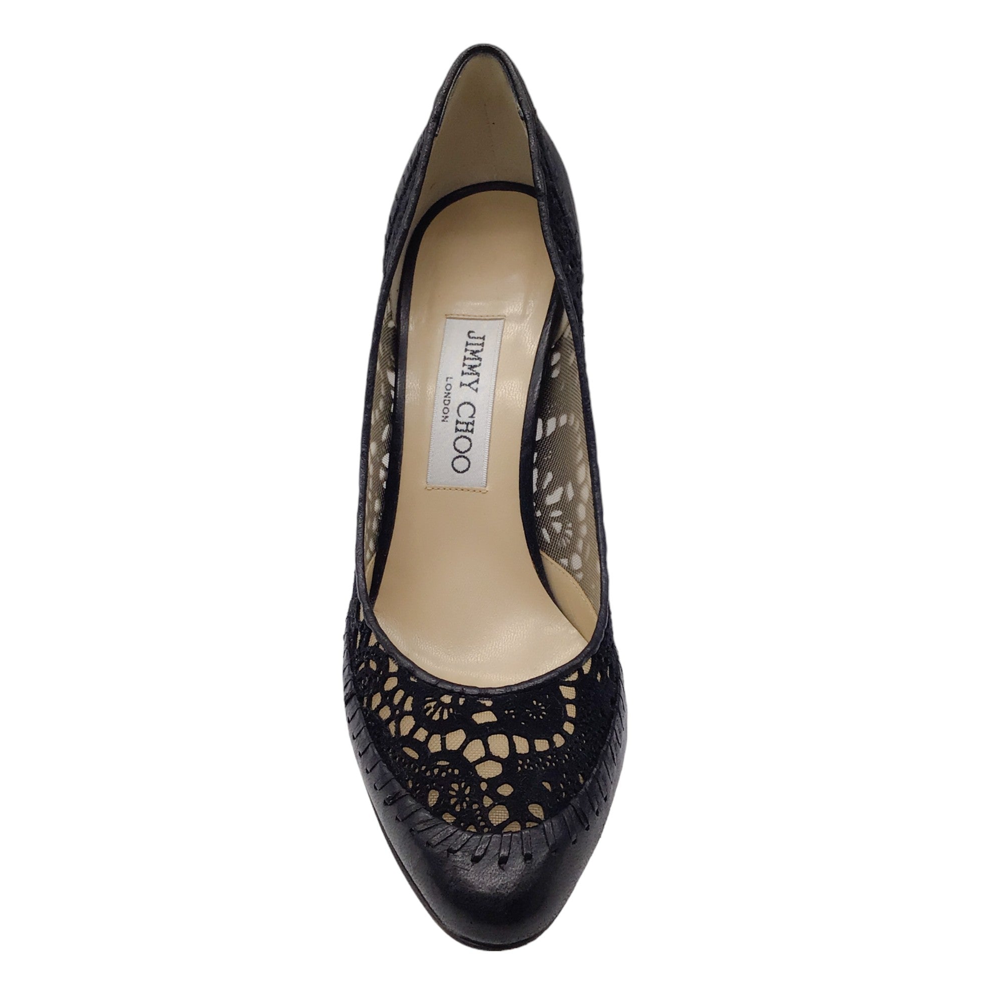 Jimmy Choo Black / Beige Mesh Tulle Embroidered Lace and Leather Pumps