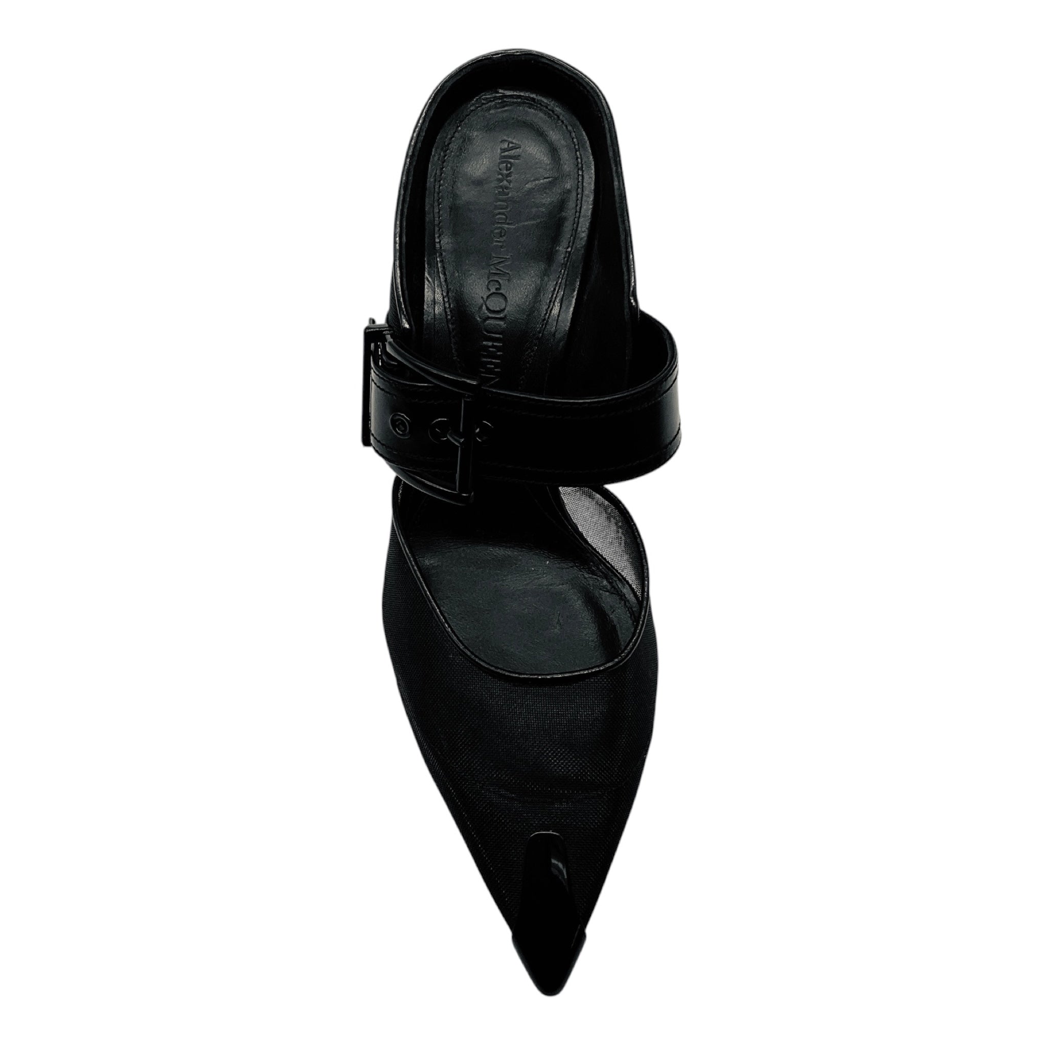 Alexander McQueen Black 'Punk' Mesh and Leather Pointed Toe Mules with Buckle Detail