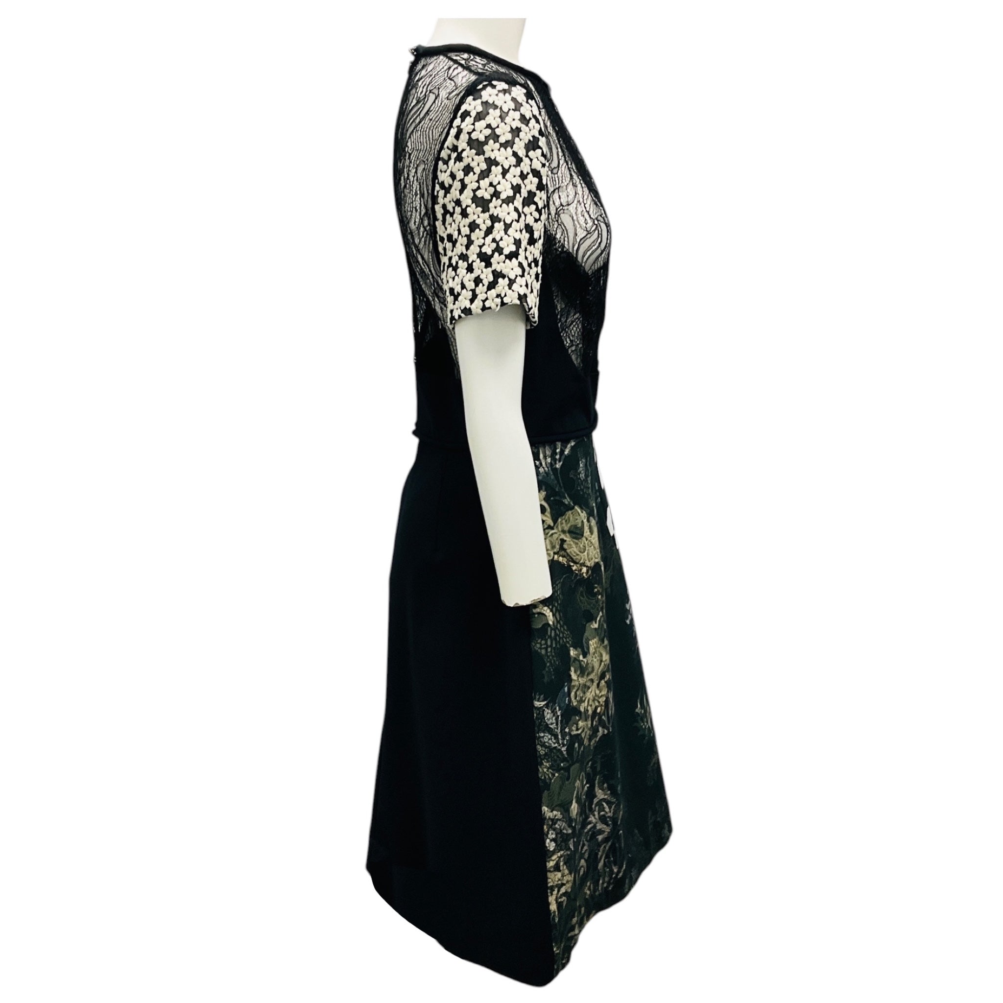 Preen by Thornton Bregazzi Black / White Multi Mixed Media Lace and Embroidery Short Sleeved Midi Cocktail Dress