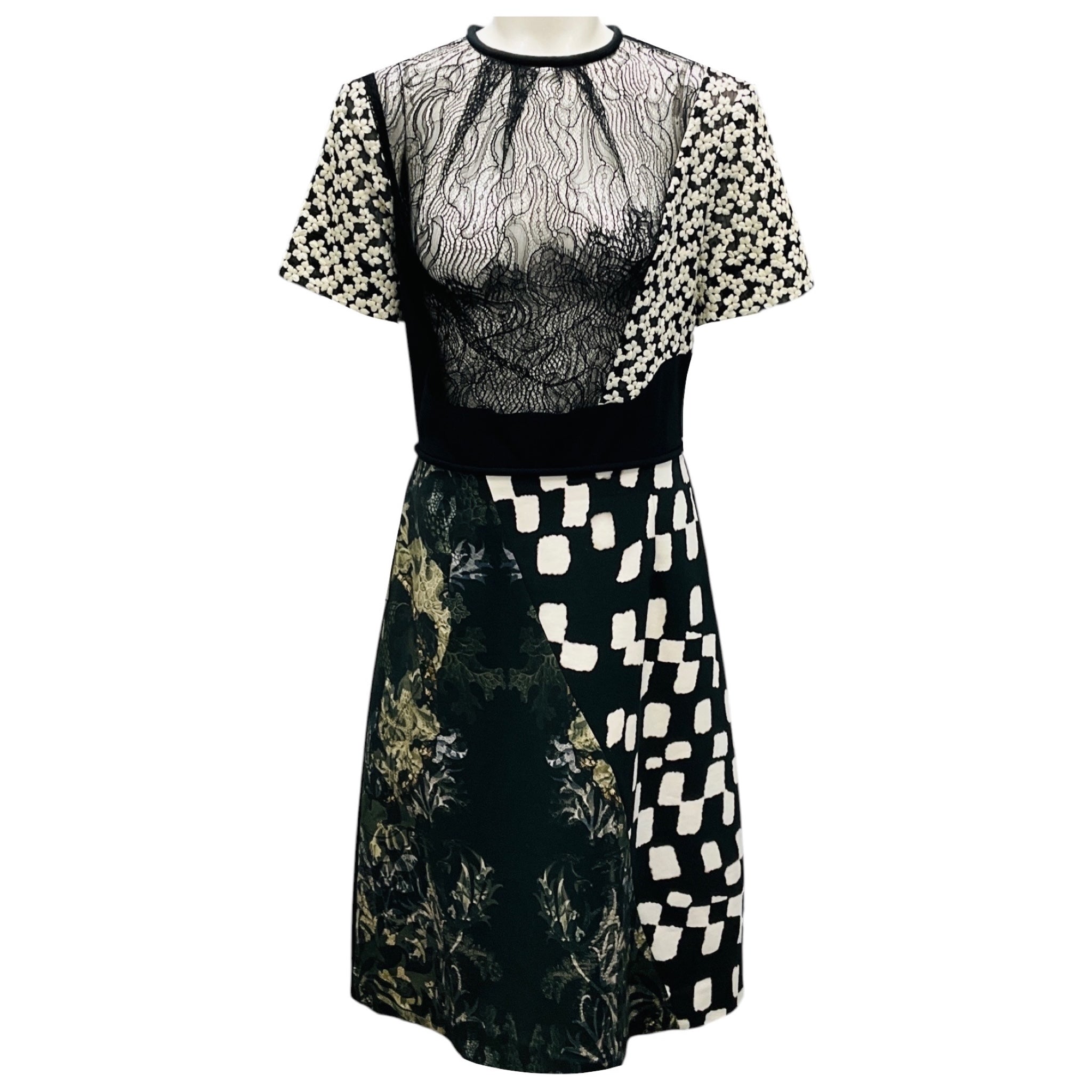 Preen by Thornton Bregazzi Black / White Multi Mixed Media Lace and Embroidery Short Sleeved Midi Cocktail Dress